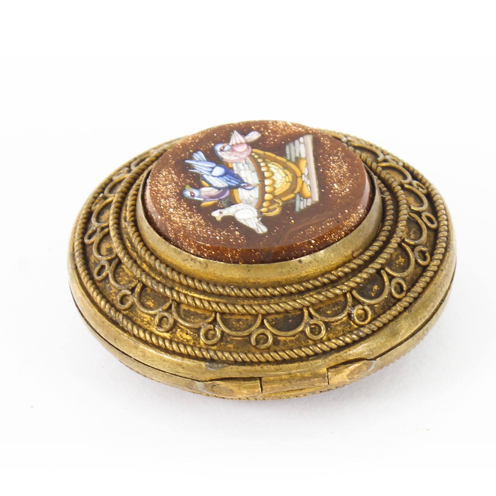 Antique Italianate Micromosaic Round Ormolu Pill Box the Pliny's Doves 3