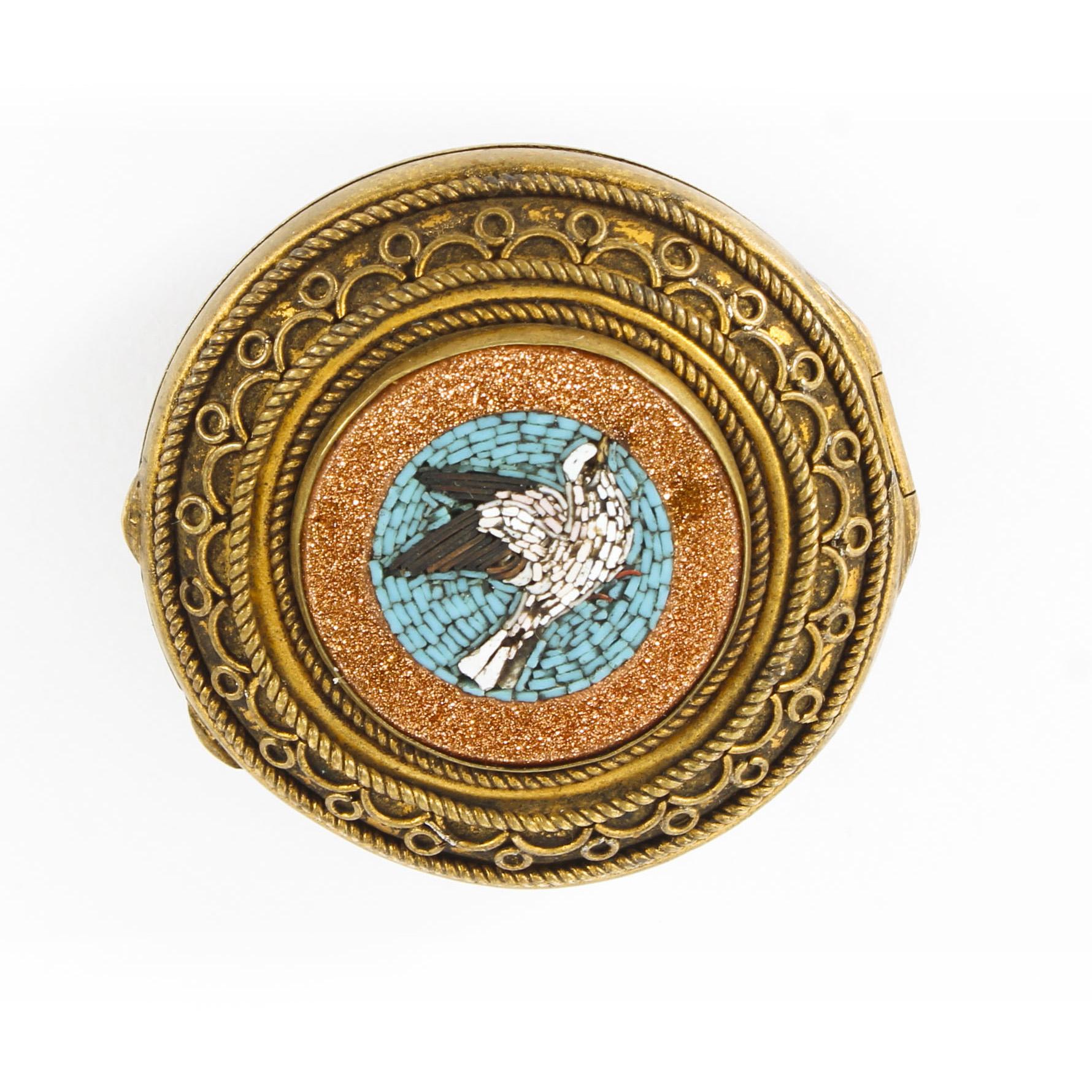 Antique Italianate Micromosaic Round Ormolu Pill Box the Pliny's Doves 5