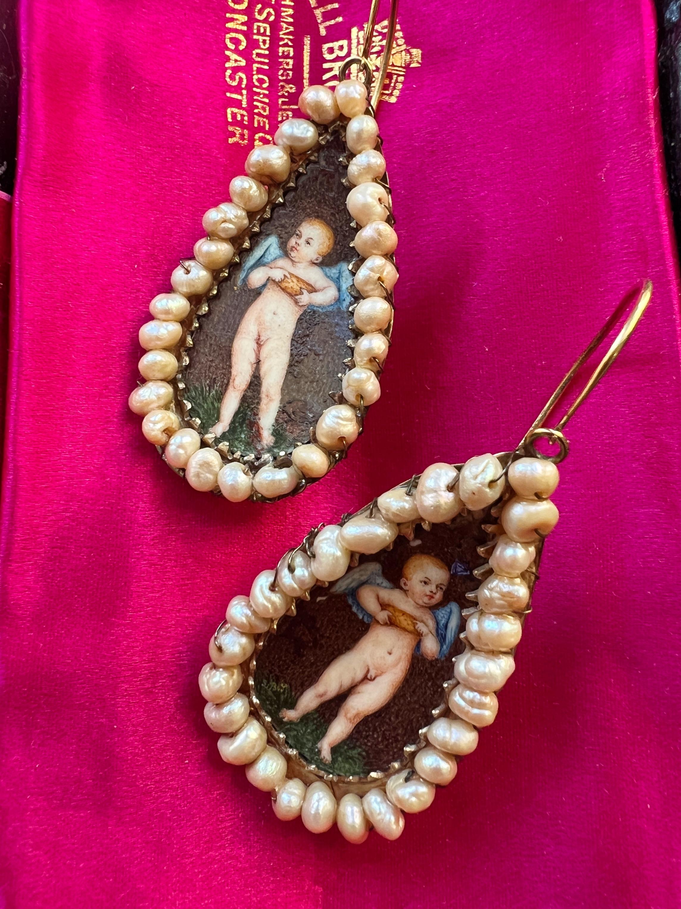 Antique Italien 14k gold natural pearl cherub angel earrings 4