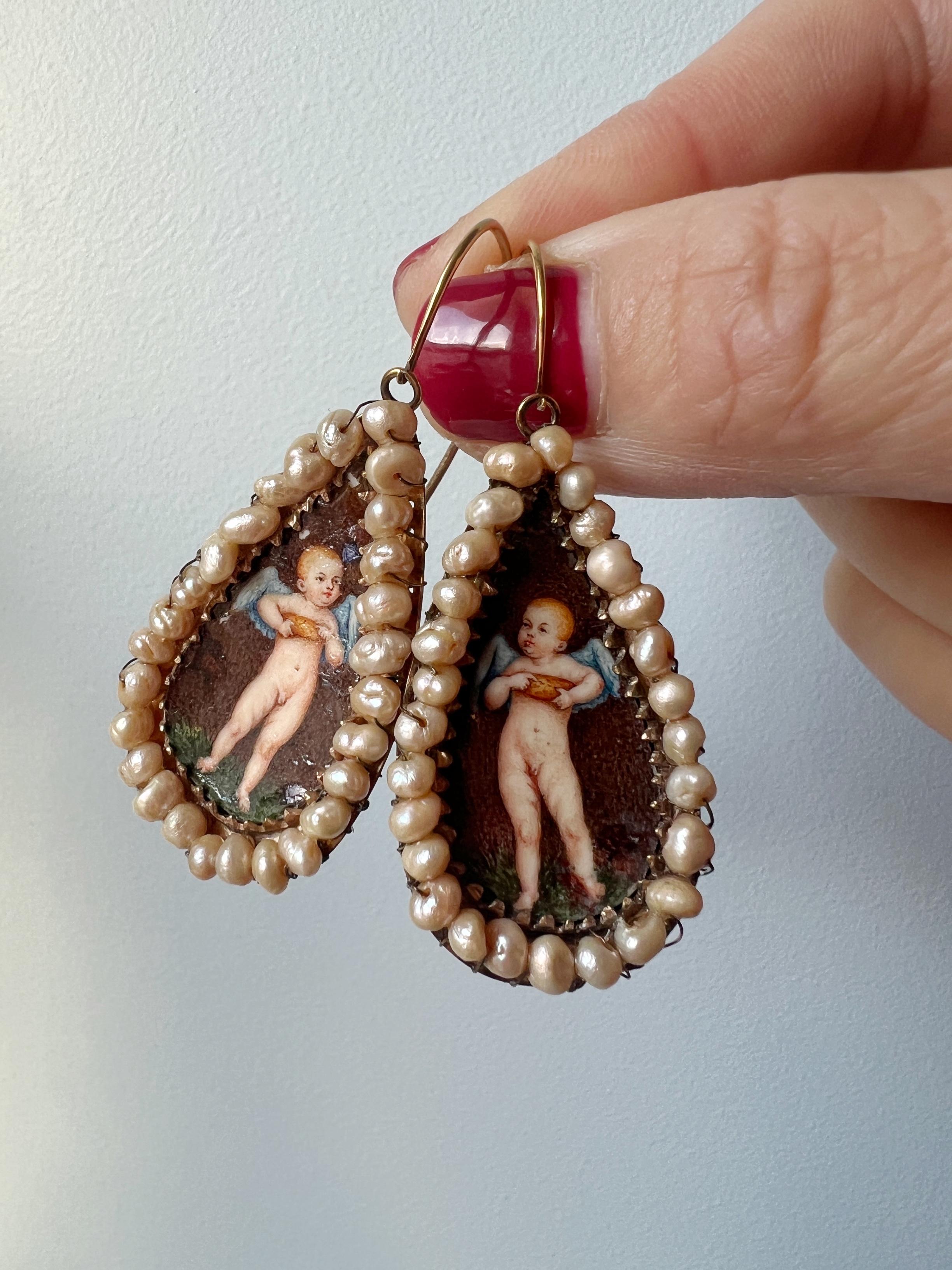 Women's or Men's Antique Italien 14k gold natural pearl cherub angel earrings