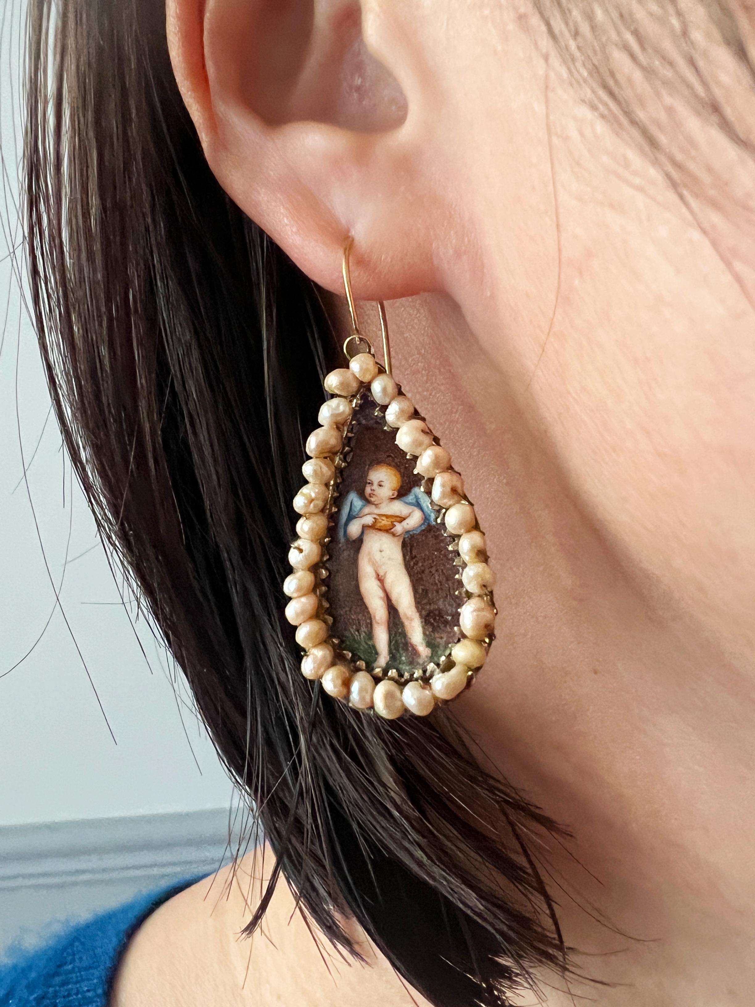 Antique Italien 14k gold natural pearl cherub angel earrings 3