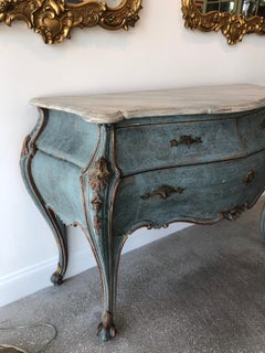 Antique Italian Rococo Style Blue Painted Sideboard Faux Marble Top 19th Century