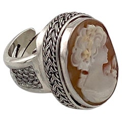 Antique Italy Carved Cameo on Sterling Silver Adjustable Cocktail Ring