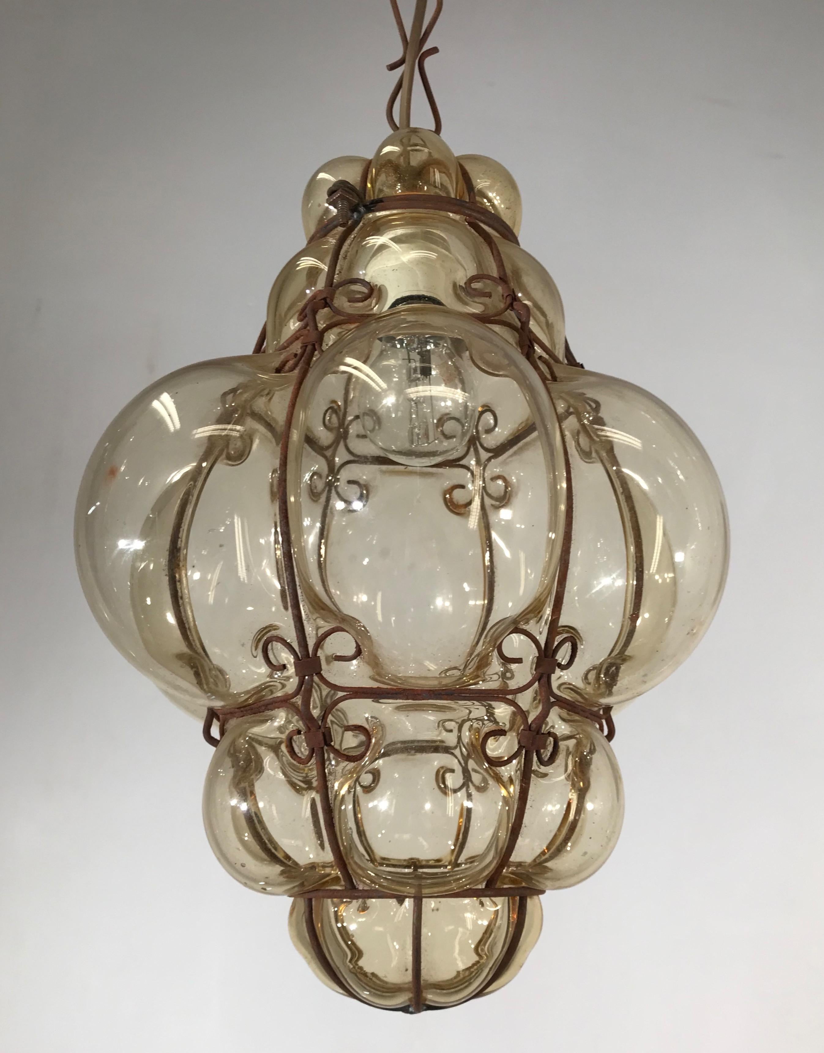Arts and Crafts Antique Italy Venetian Murano Pendant Light Mouthblown Smoking Glass in Frame