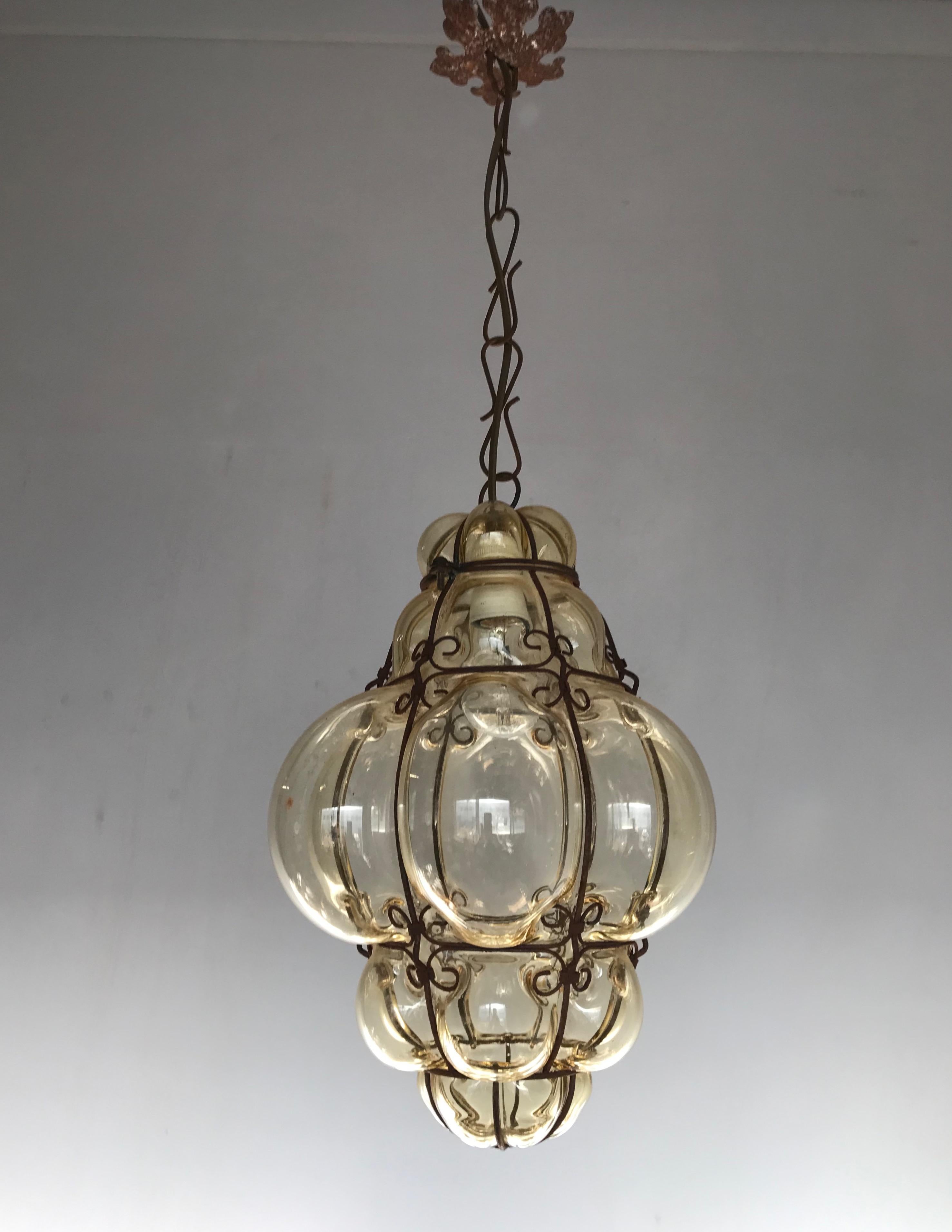 20th Century Antique Italy Venetian Murano Pendant Light Mouthblown Smoking Glass in Frame