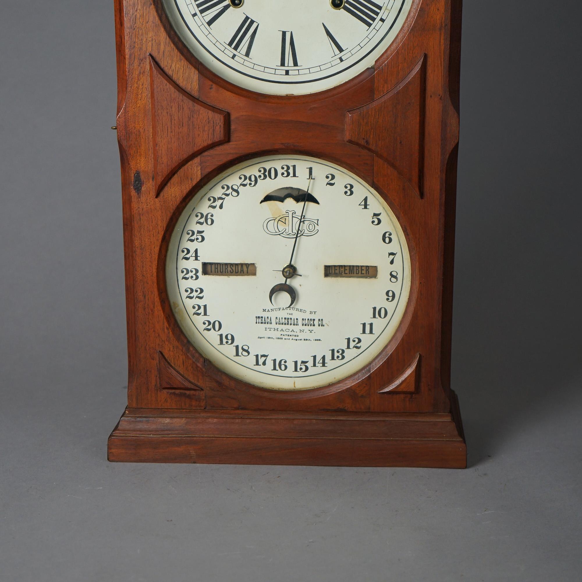 American Antique Ithaca Double Dial Walnut Calendar Clock c1866 For Sale