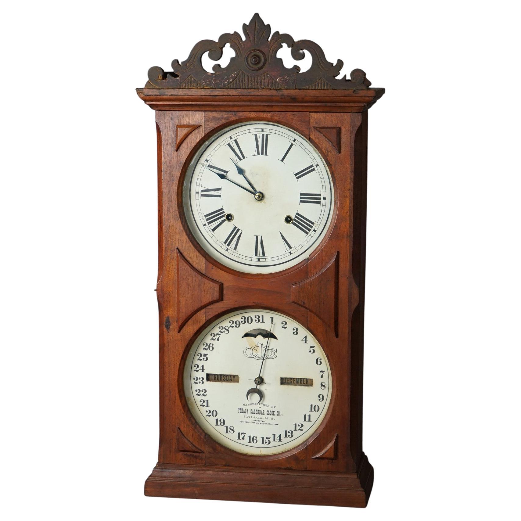 Antique Ithaca Double Dial Walnut Calendar Clock c1866 For Sale