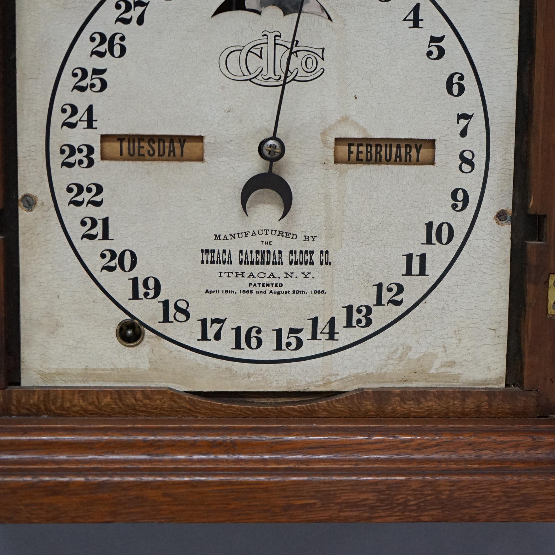 Antique Ithaca Walnut Double Dial Calendar Mantle Clock with Carved Crest C1866 For Sale 5