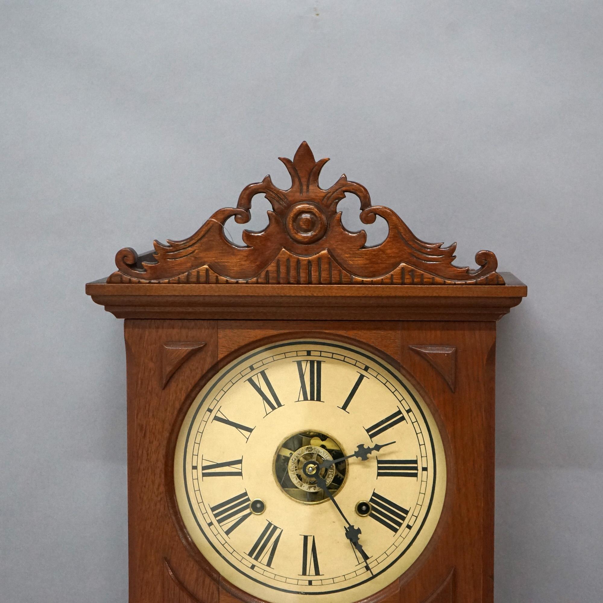 Antique Ithaca Walnut Double Dial Calendar Mantle Clock with Carved Crest C1866 In Good Condition In Big Flats, NY