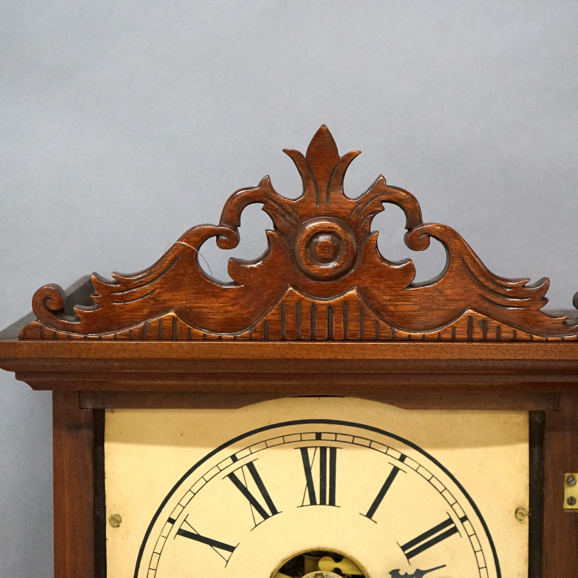 19th Century Antique Ithaca Walnut Double Dial Calendar Mantle Clock with Carved Crest C1866 For Sale