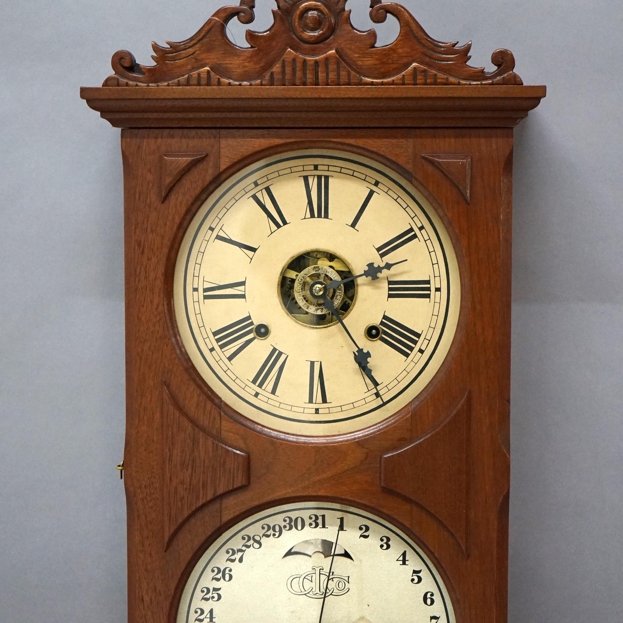 Antique Ithaca Walnut Double Dial Calendar Mantle Clock with Carved Crest C1866 For Sale 1