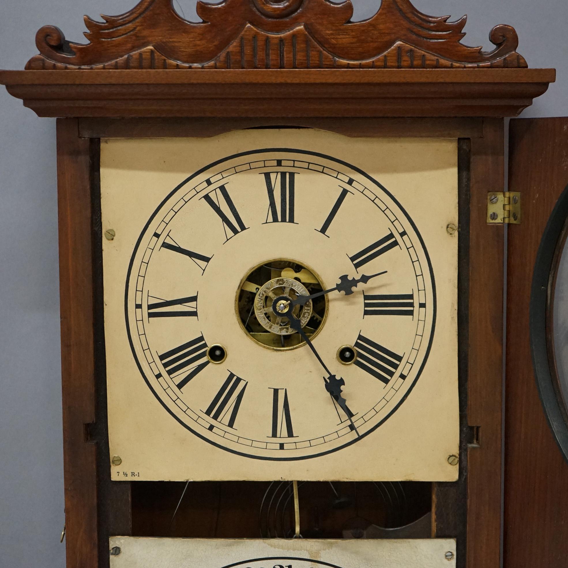 Antique Ithaca Walnut Double Dial Calendar Mantle Clock with Carved Crest C1866 For Sale 2