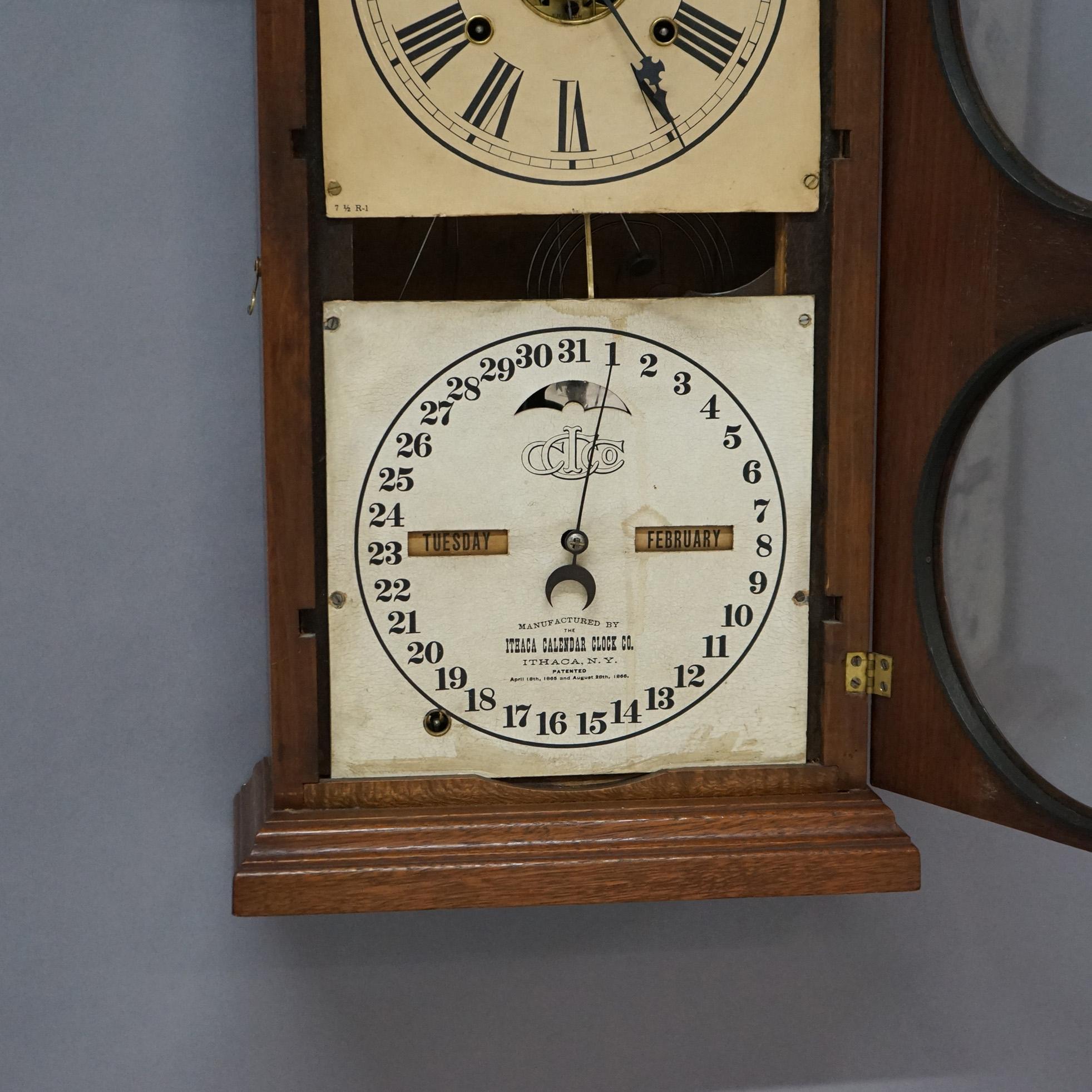 Antique Ithaca Walnut Double Dial Calendar Mantle Clock with Carved Crest C1866 For Sale 3