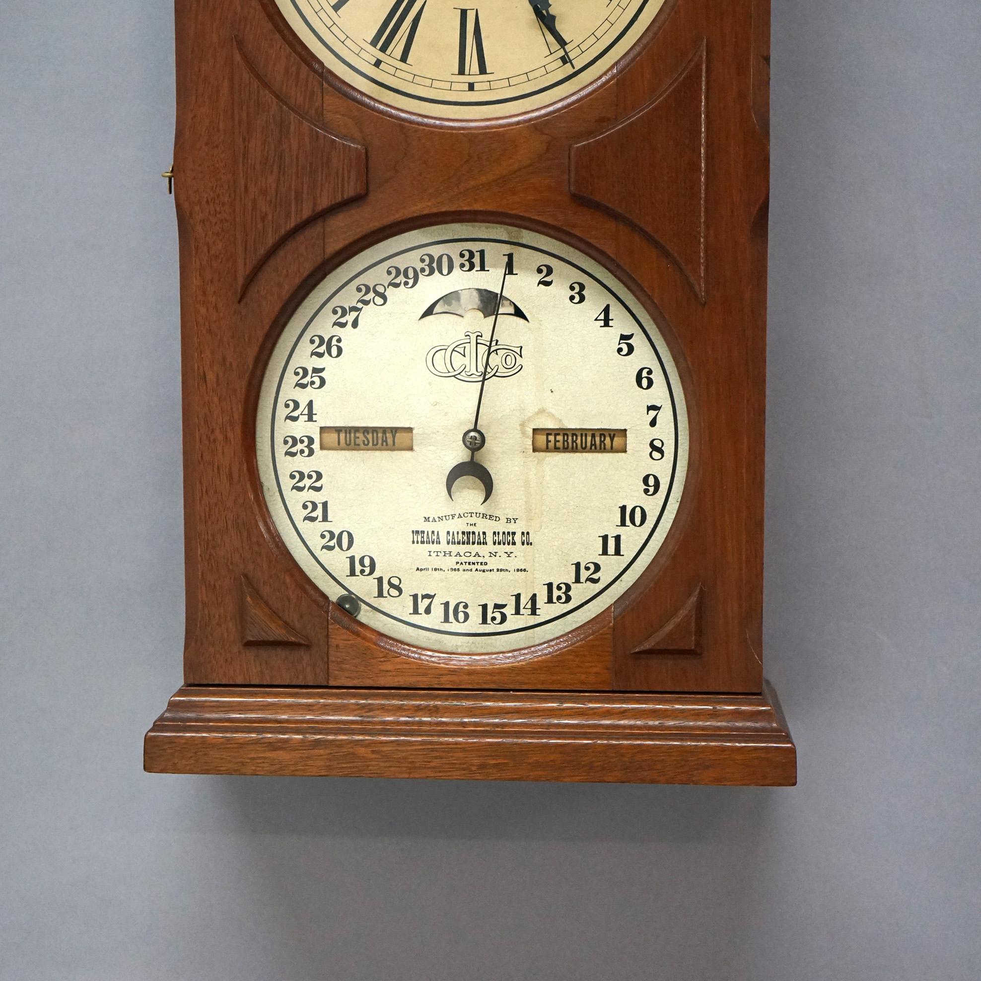 Antique Ithaca Walnut Double Dial Calendar Mantle Clock with Carved Crest C1866 For Sale 4