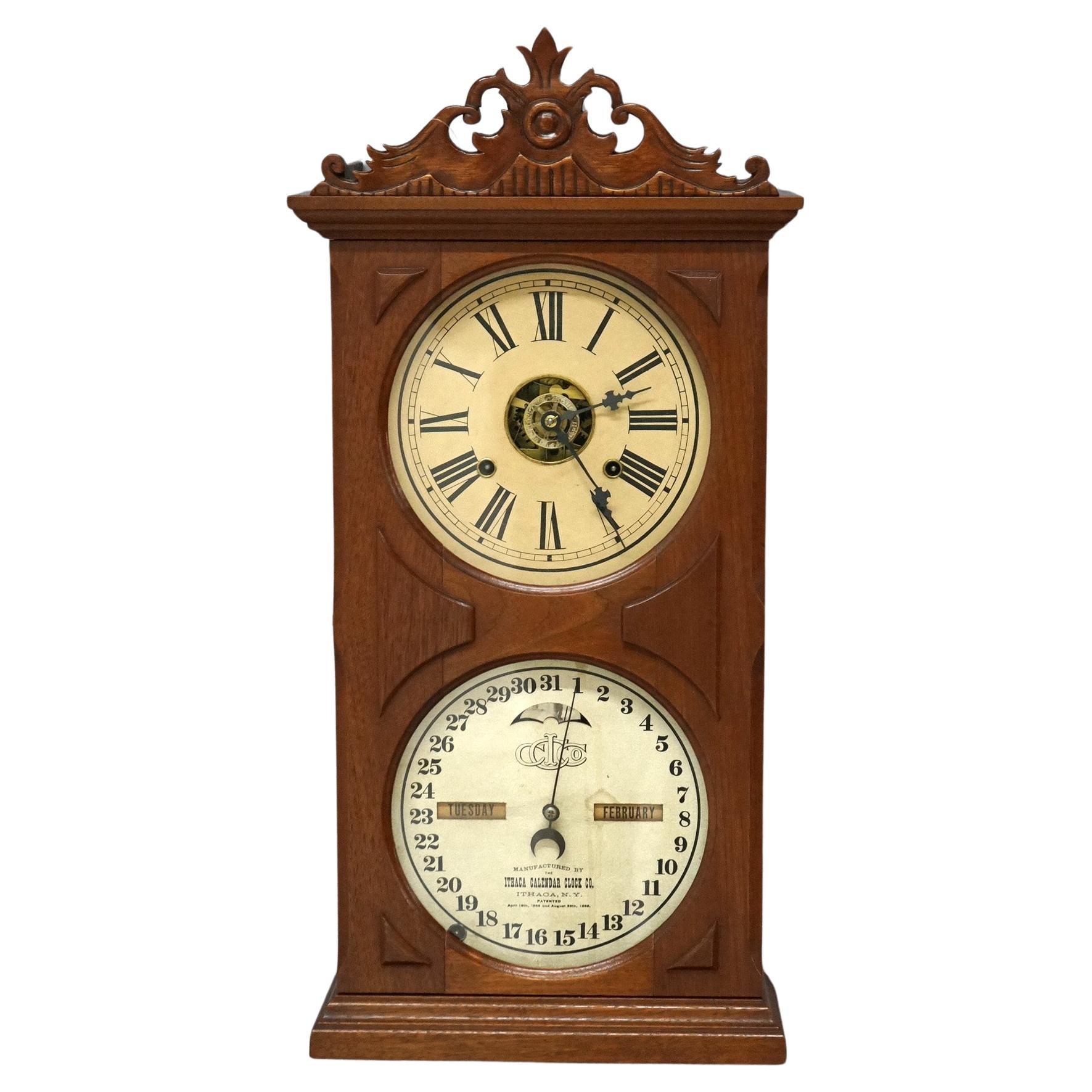 Antique Ithaca Walnut Double Dial Calendar Mantle Clock with Carved Crest C1866 For Sale