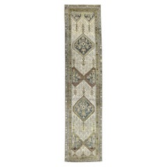 Antique Ivory and Green Diamond Medallion Wool Rug 3'2''x13'4''