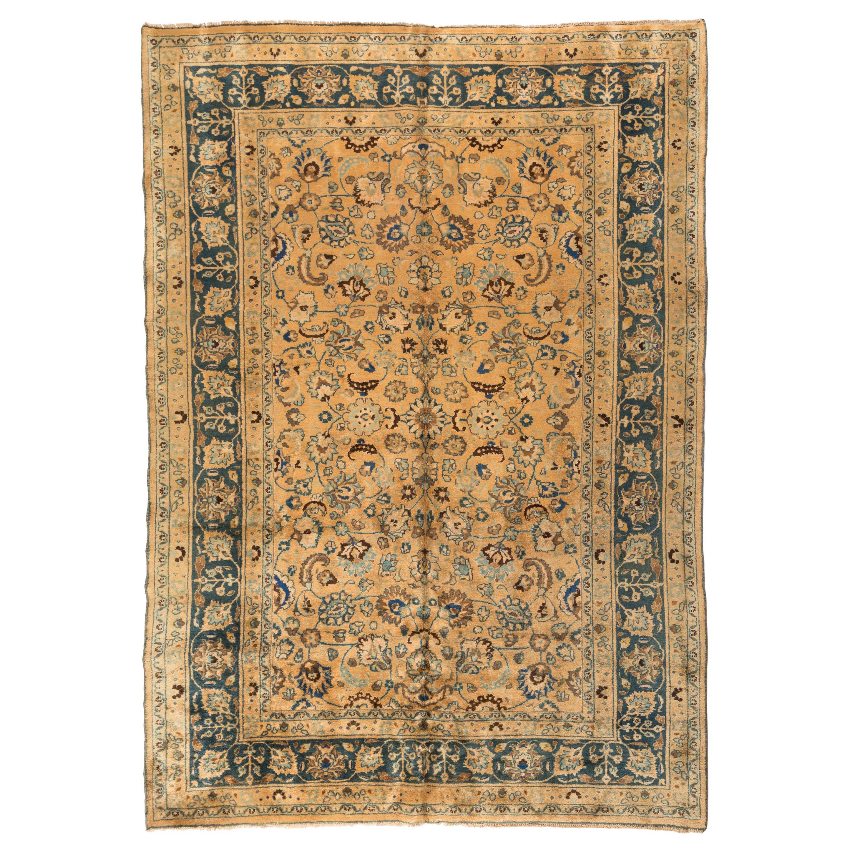 Antique Ivory and Navy Blue Persian Mashad Rug, circa 1940s