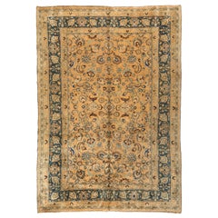 Vintage Ivory and Navy Blue Persian Mashad Rug, circa 1940s