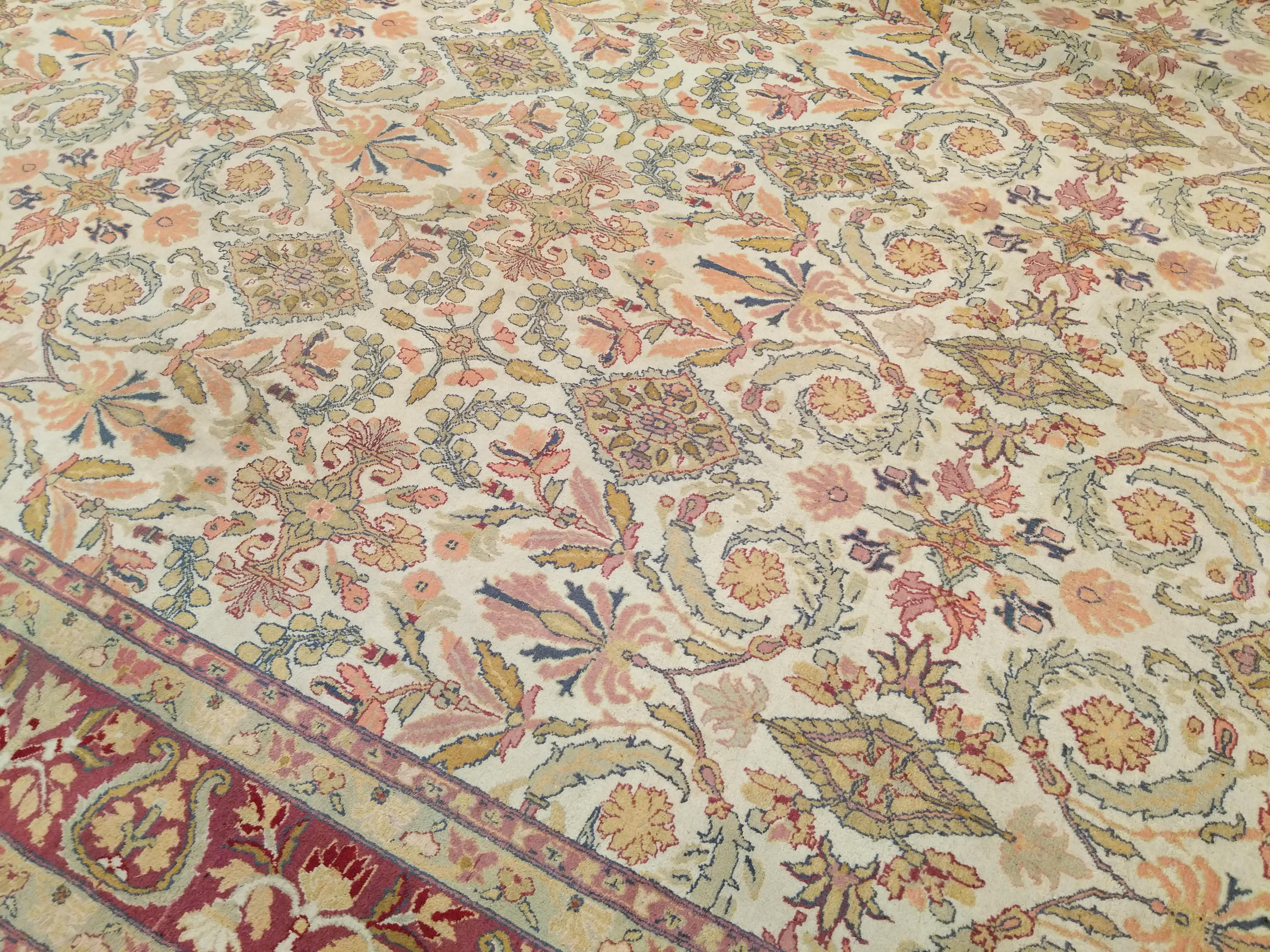 Hand-Knotted Antique Ivory Background Indian All-Over Design Amritsar Rug For Sale