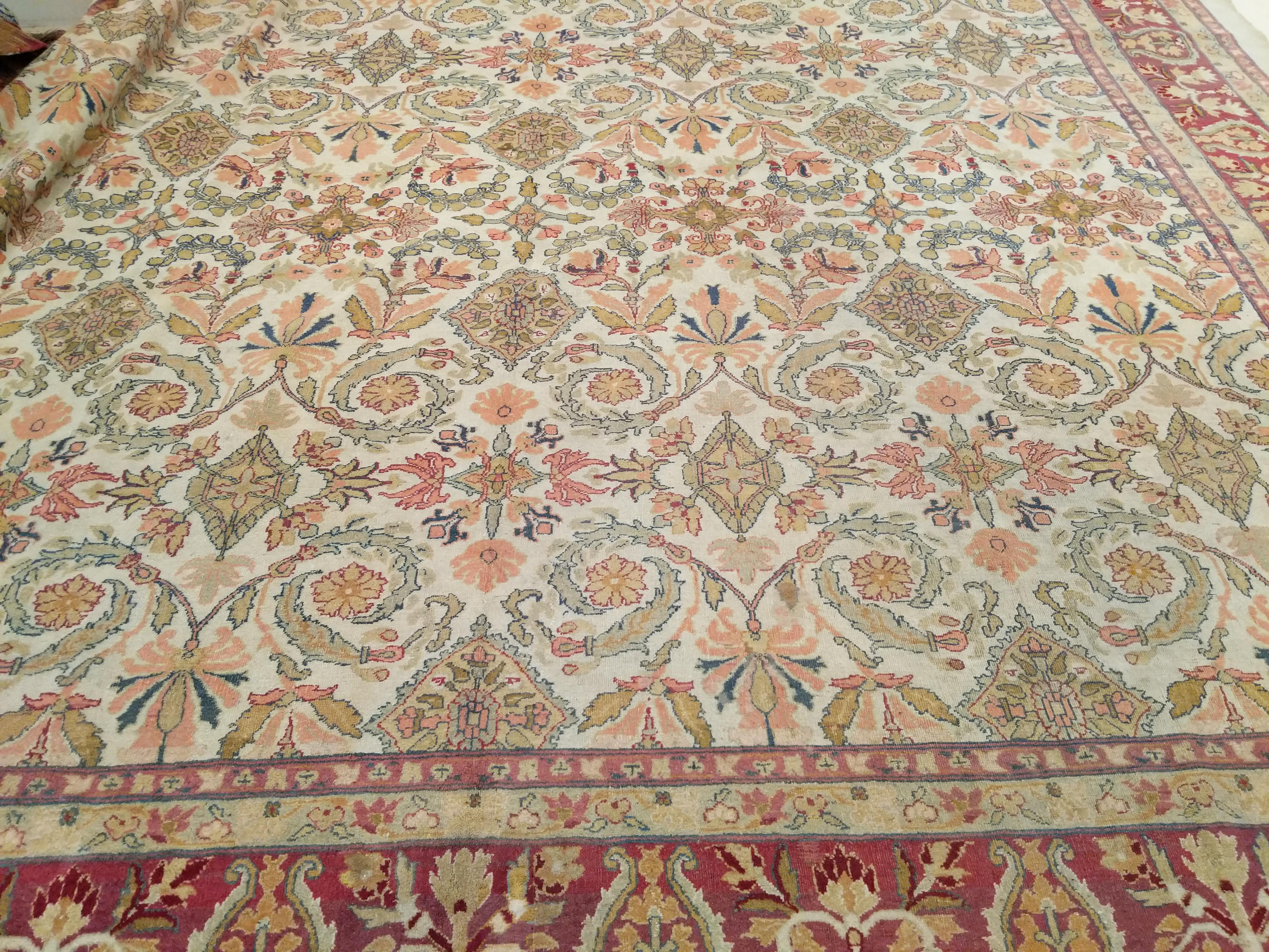 19th Century Antique Ivory Background Indian All-Over Design Amritsar Rug For Sale