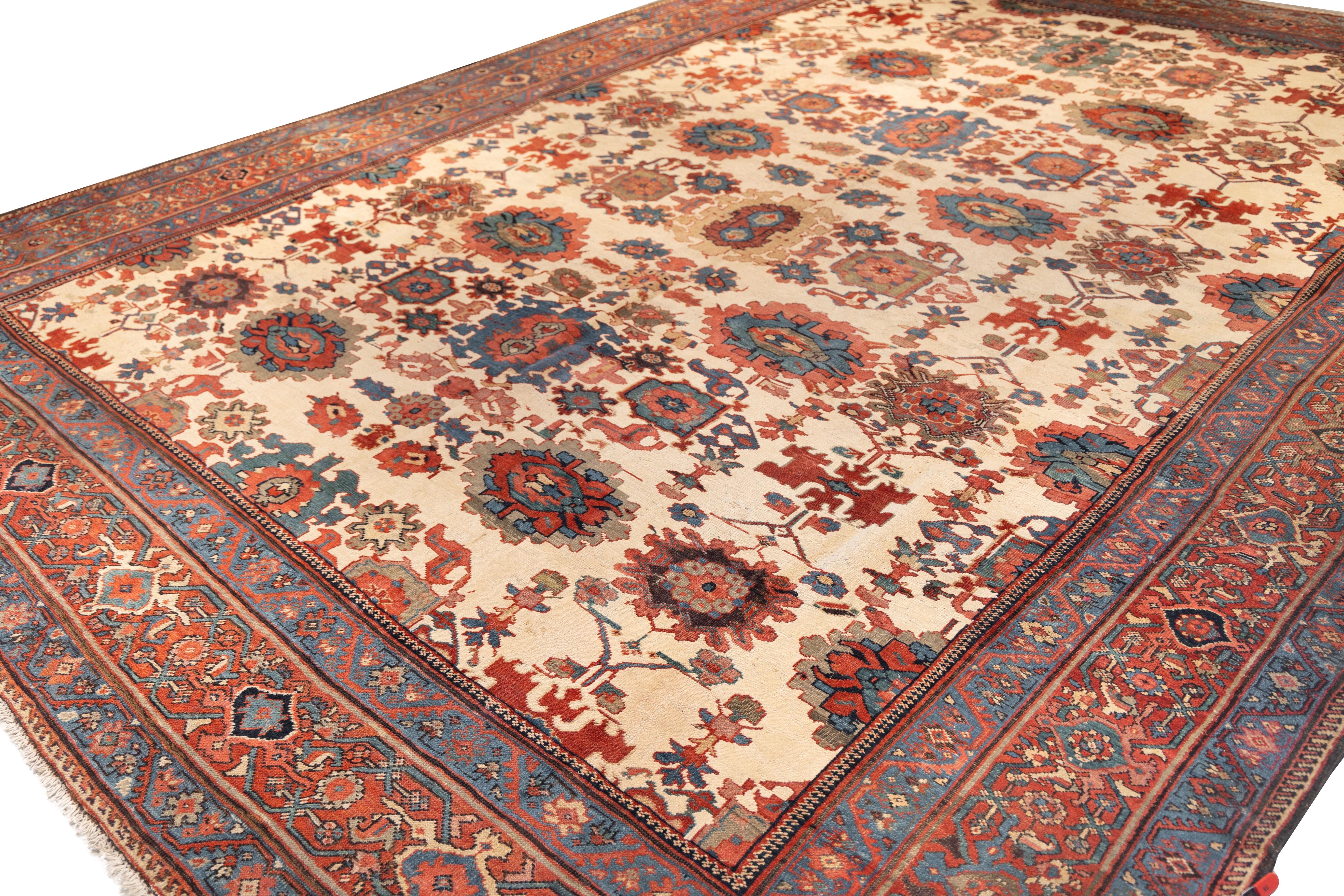 Bakhshayesh carpet is a superb example of Northwest Persian village weaving, characterized by its rich tribal spontaneity and archetypal design language. The field is a creamy ivory, setting a bold stage for large, stylized palmettes and geometric