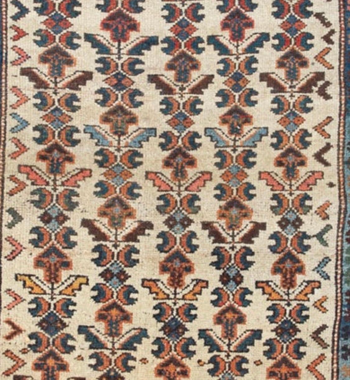 Hand-Knotted Antique Ivory Blue Tribal Persian Hamedan Rug, c. 1900-1910 (3.8 x 5.2 ft) For Sale