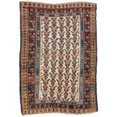 Tapis persan Hamedan tribal bleu ivoire antique, vers 1900-1910 ( 3,8 x 5,2 pieds)