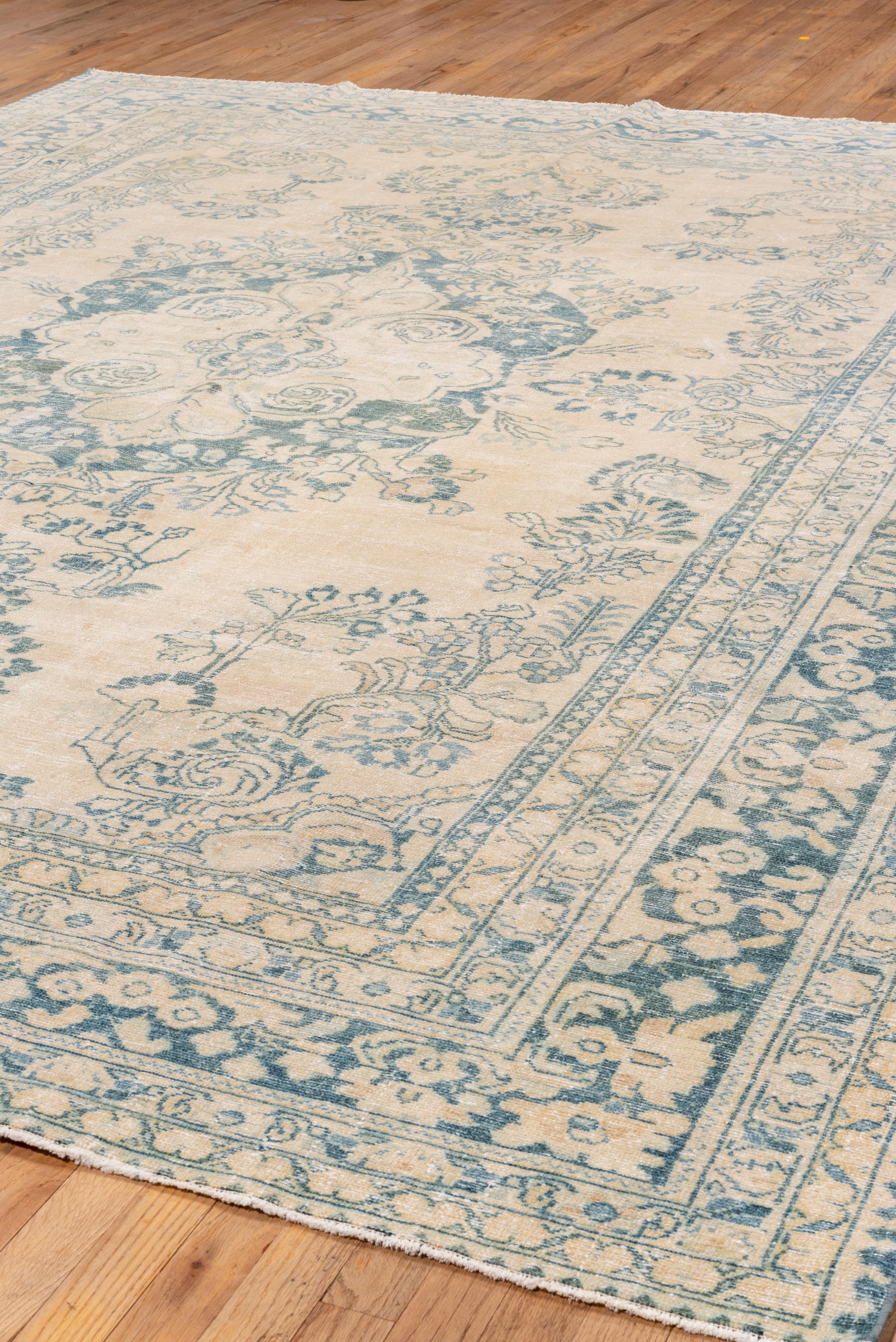 Hand-Knotted Antique Ivory and Blue Persian Lilian Rug, circa 1930s