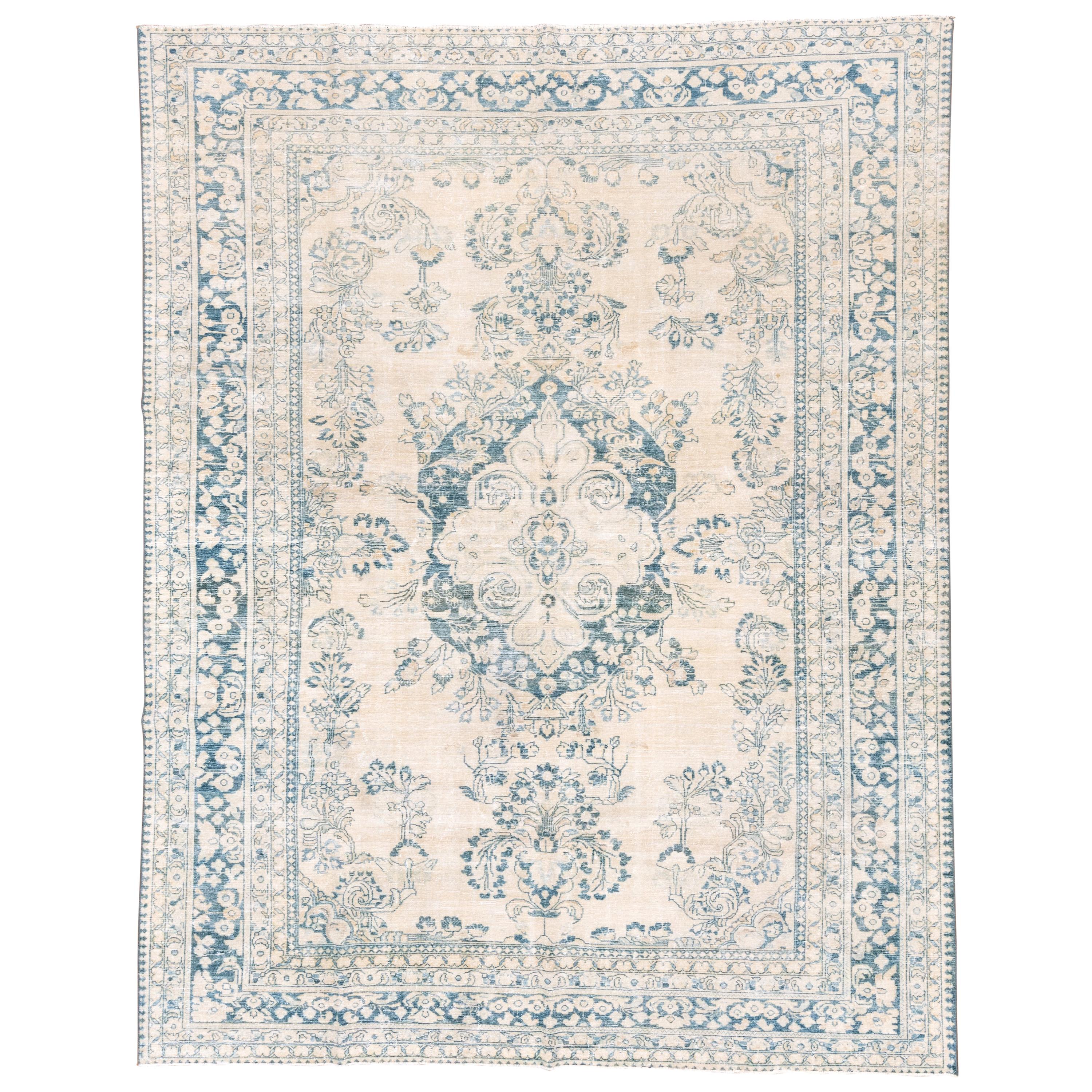 Antique Ivory and Blue Persian Lilian Rug, circa 1930s