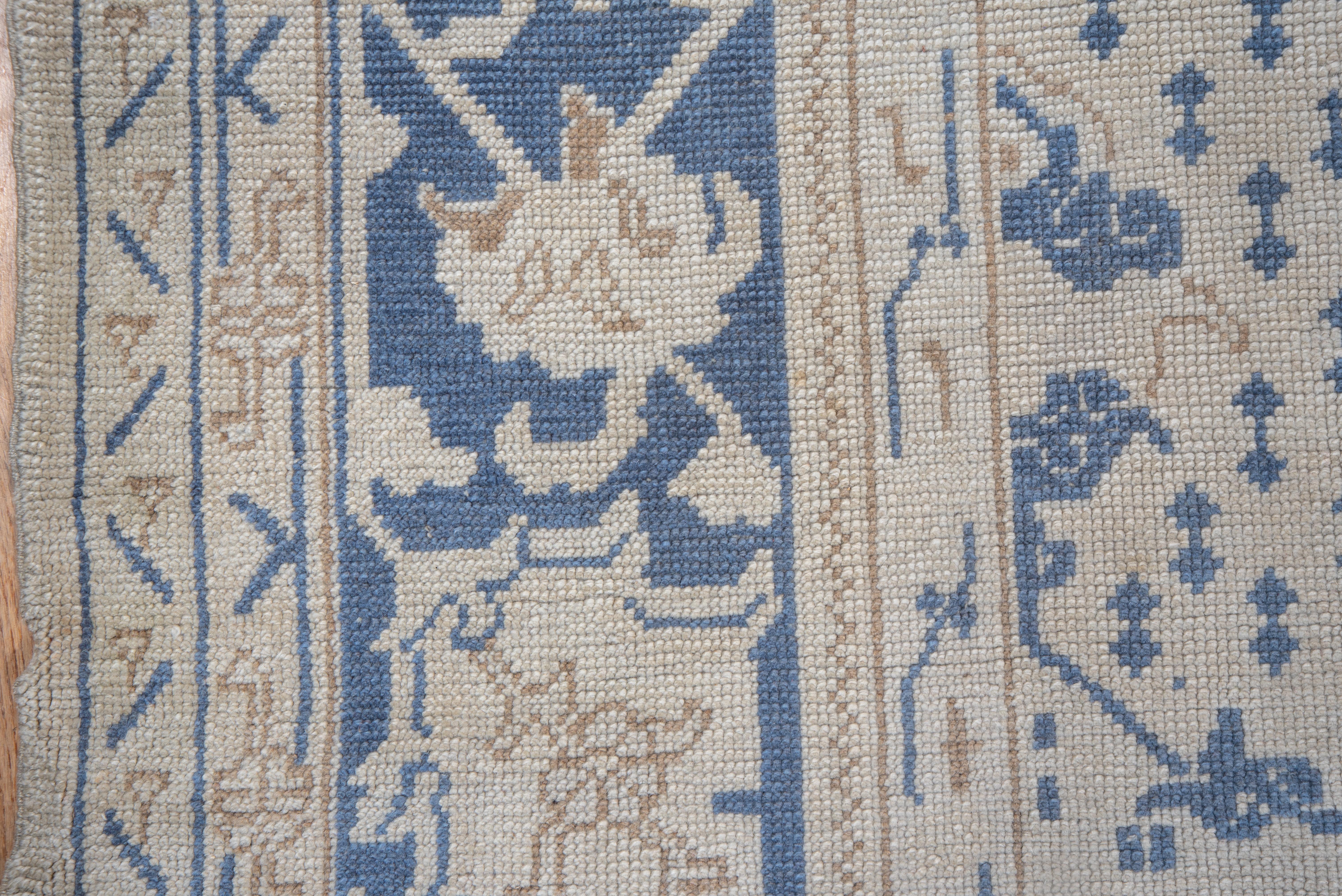 Wool Antique Ivory & Blue Turkish Oushak Carpet, circa 1910s For Sale