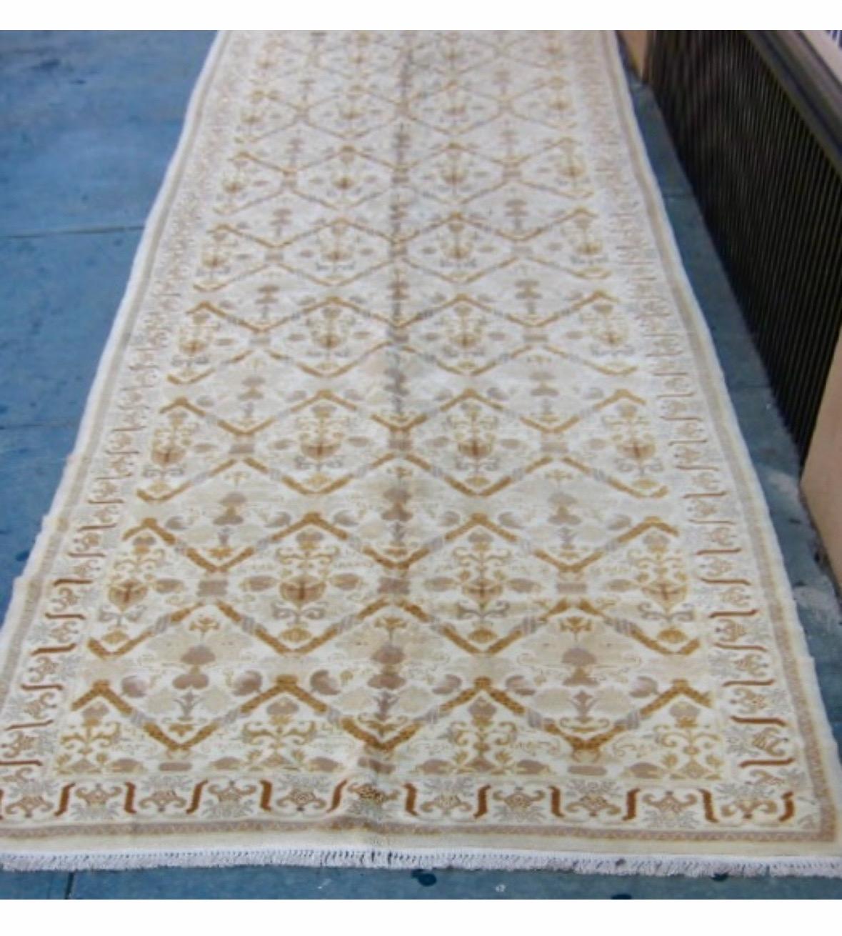 Hand-Knotted Antique Ivory Floral Spanish Savonnerie Runner Long Rug 6 x 19.9 ft. For Sale