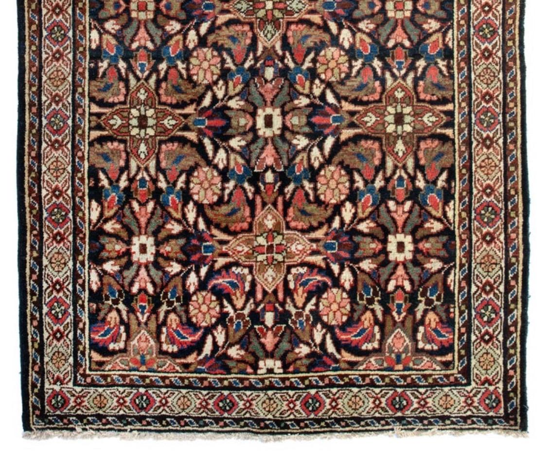 Hand-Knotted Antique Ivory Midnight Blue Rose Geometric Persian Mashad Rug, circa 1900-1910 For Sale