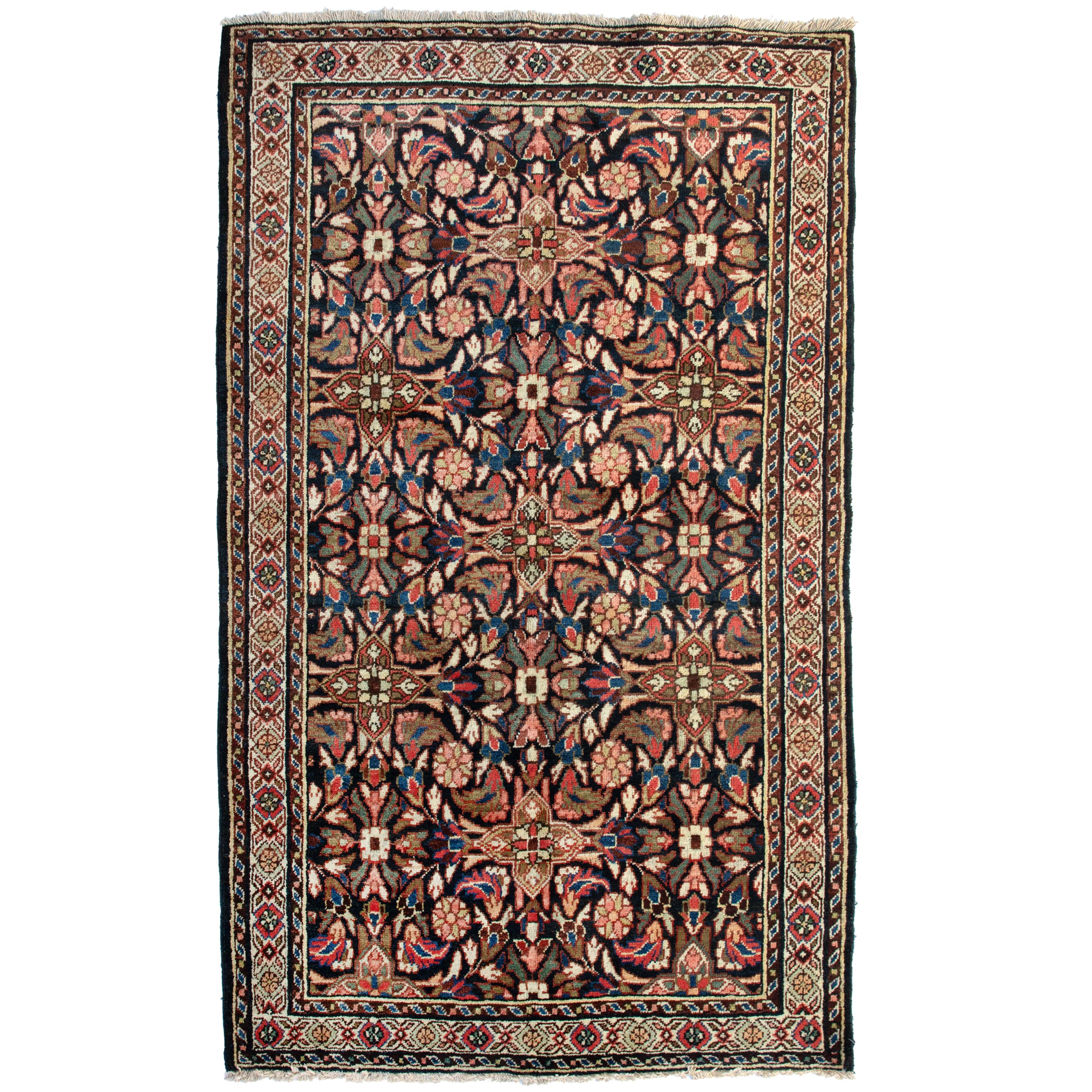 Tappeto persiano Mashad antico avorio blu notte a rose geometriche, 1900-1910 circa in vendita