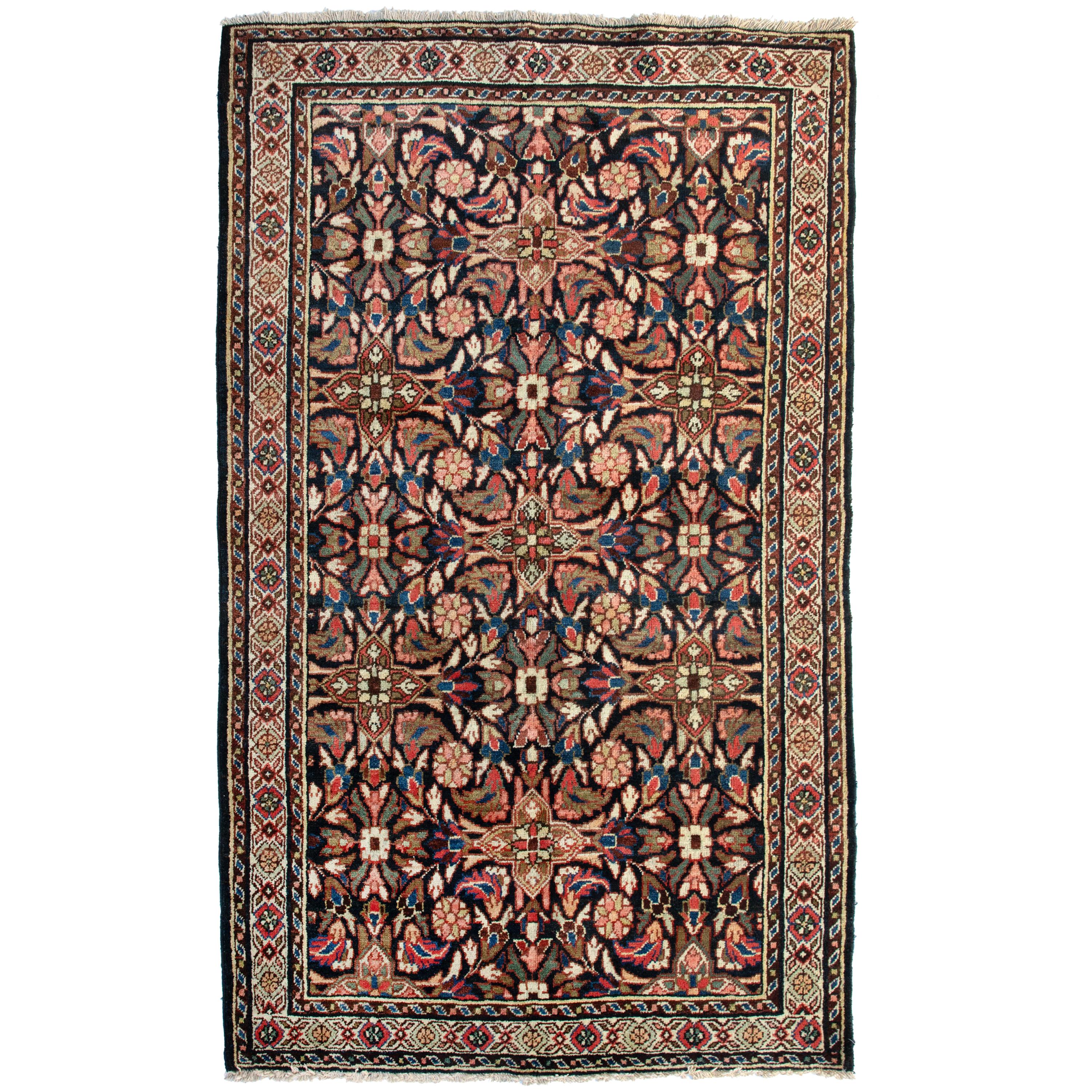 Antique Ivory Midnight Blue Rose Geometric Persian Mashad Rug, circa 1900-1910