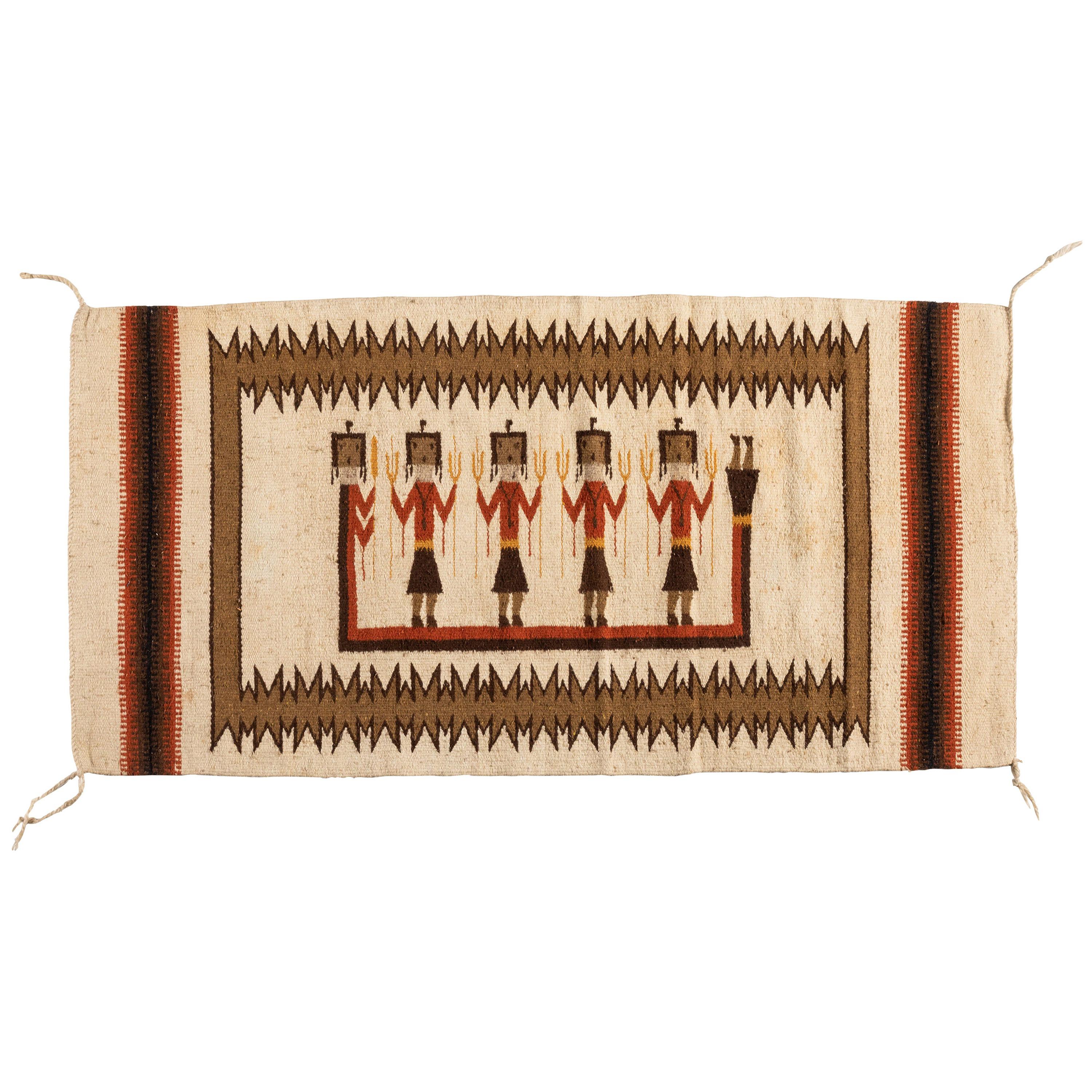 Antique Ivory Native American Navajo Weaving Rug with Figures circa 1950s