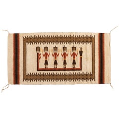 Vintage Ivory Native American Navajo Weaving Rug with Figures circa 1950s