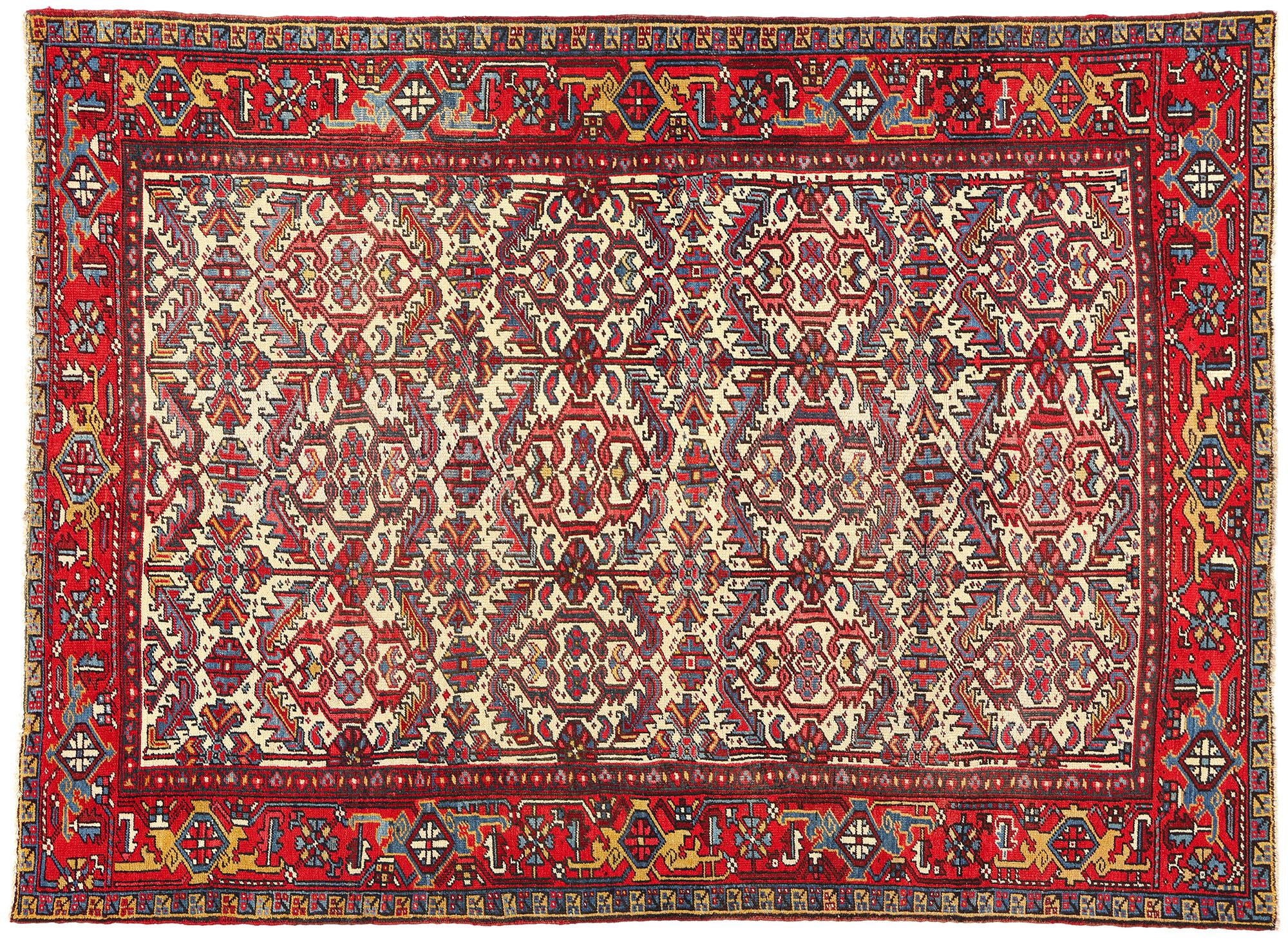 Antique Ivory Persian Dragon Serapi Heriz Carpet For Sale 3