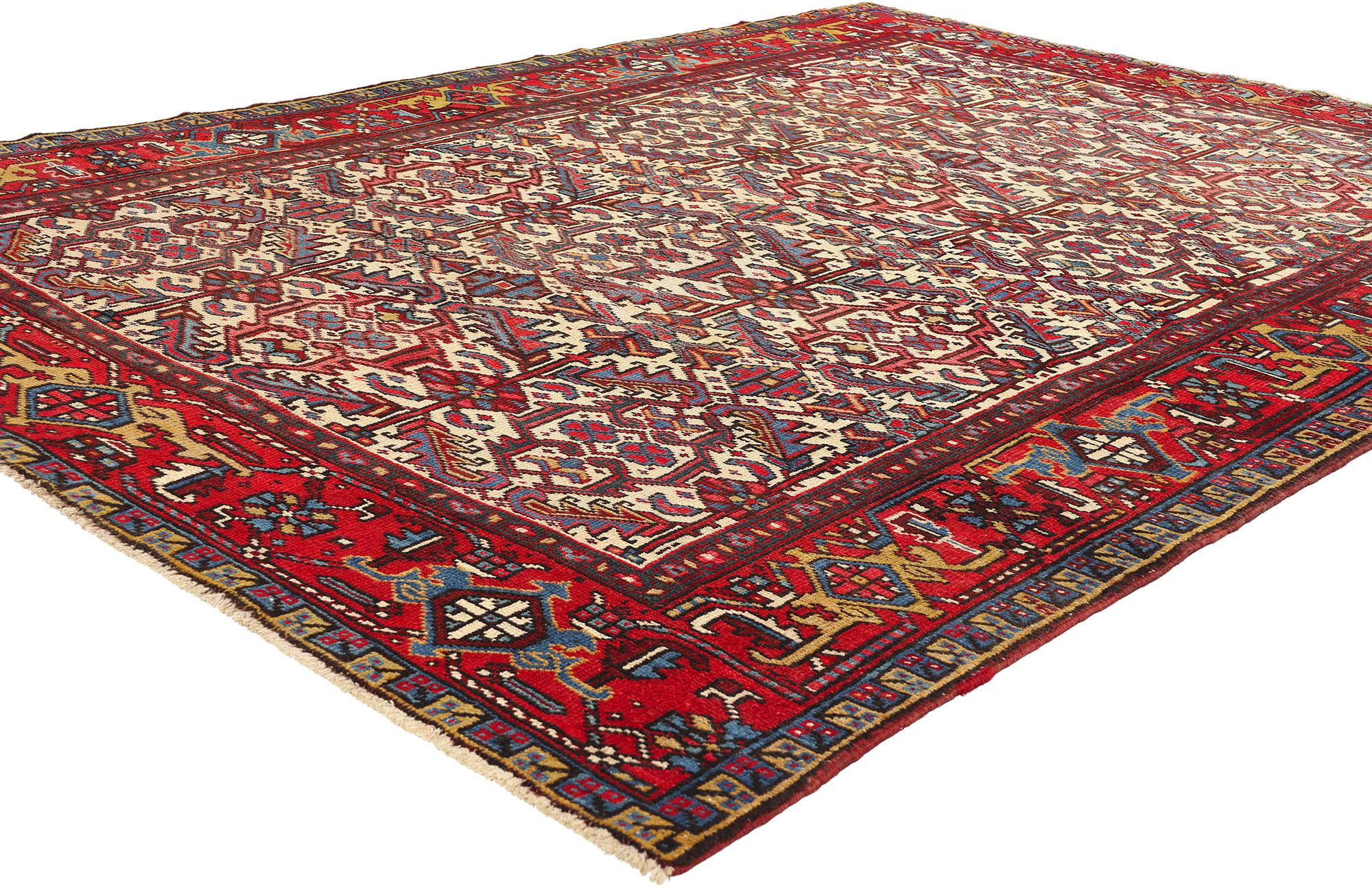 78768 Antique Ivory Persian Dragon Serapi Heriz Rug, 06'08 x 09'01. Antique Persian Dragon Serapi Heriz rugs, originating from the Heriz region in Northwest Iran, are renowned for their durability, bold geometric patterns, and vibrant colors, making