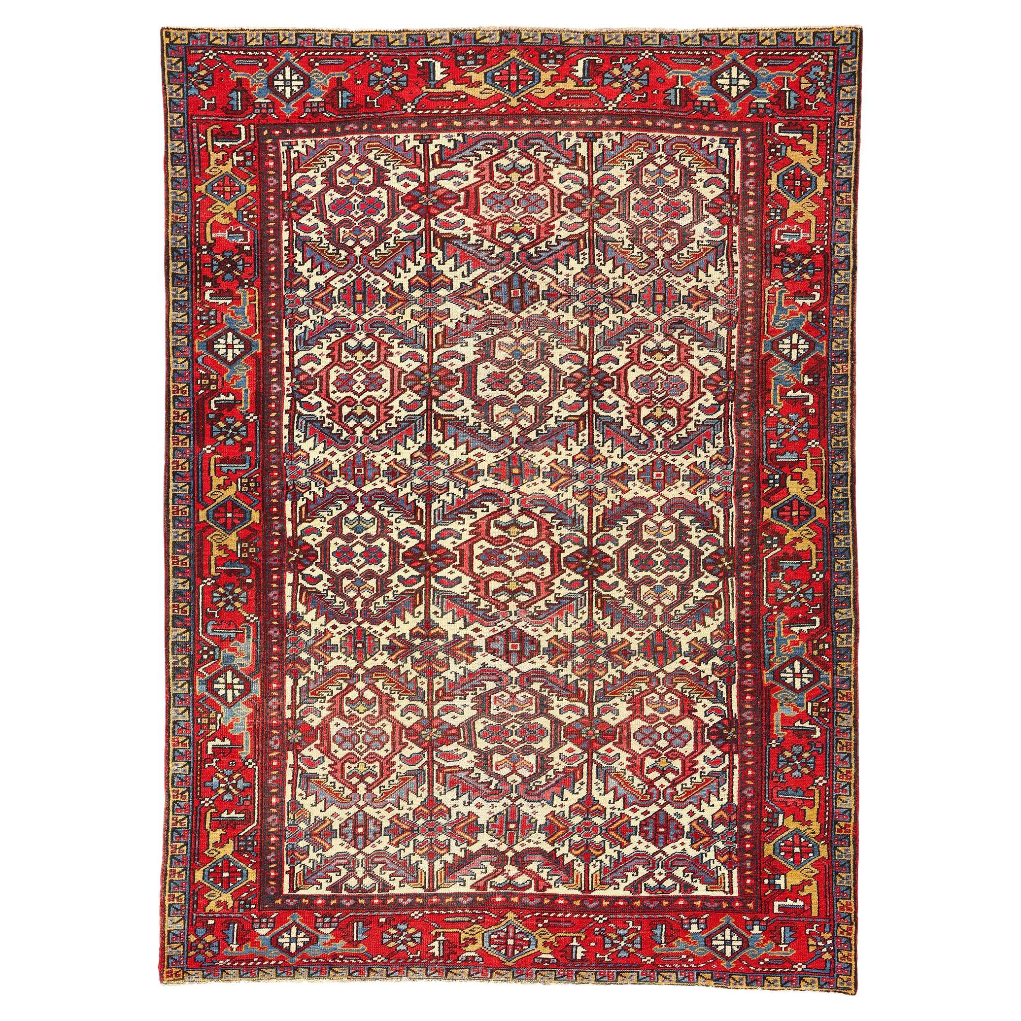 Antique Ivory Persian Dragon Serapi Heriz Carpet For Sale