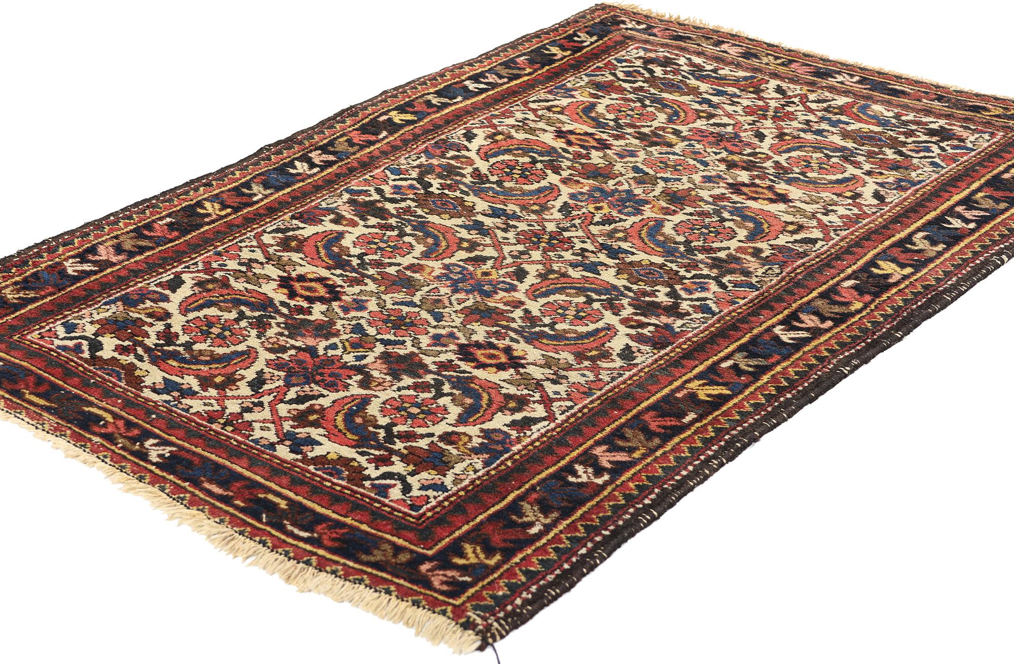 78419 Antique Ivory Persian Malayer Hamadan Rug, 02'07 x 04'00. Woven in the heart of western Iran, this hand-knotted wool antique Persian Malayer Hamadan rug unfolds like a garden in eternal bloom—each knot a note in a melodic ode to beauty,