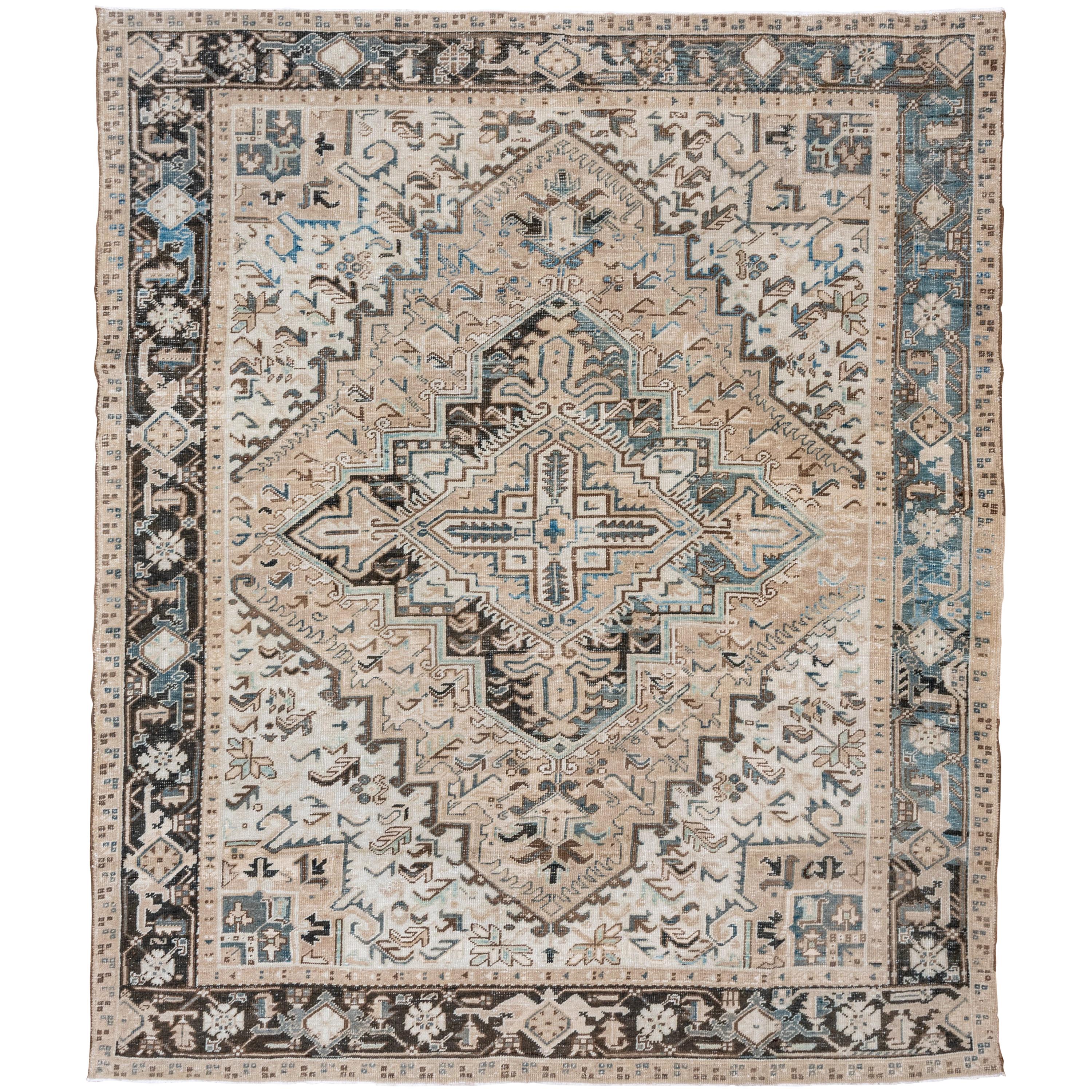 Antique Ivory Persian Heriz Rug, Ivory and Beige Field Dark Borders Blue Accents
