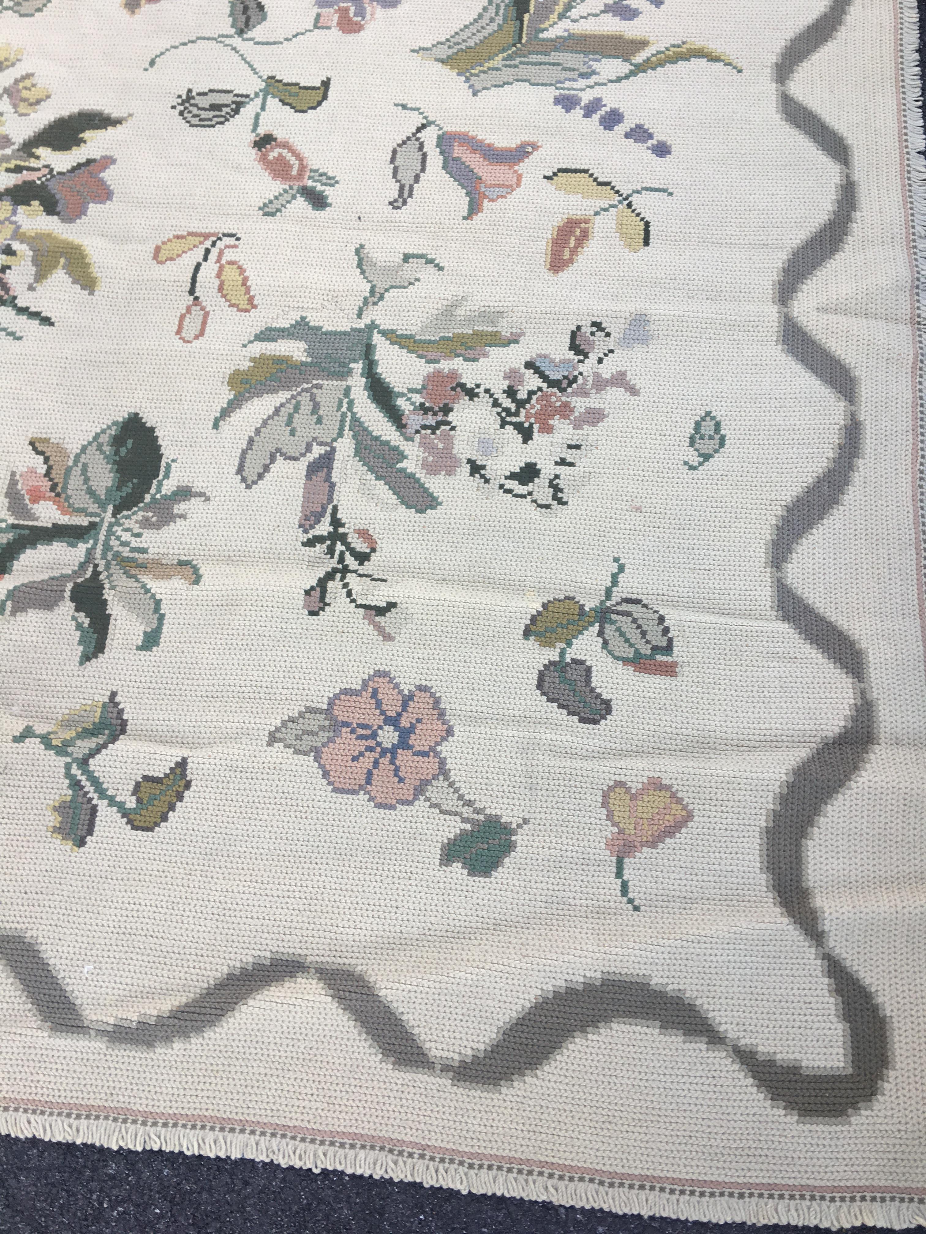 French Provincial Antique Ivory Portuguese Needlepoint Rug with Flowers, circa 1930-1940s For Sale