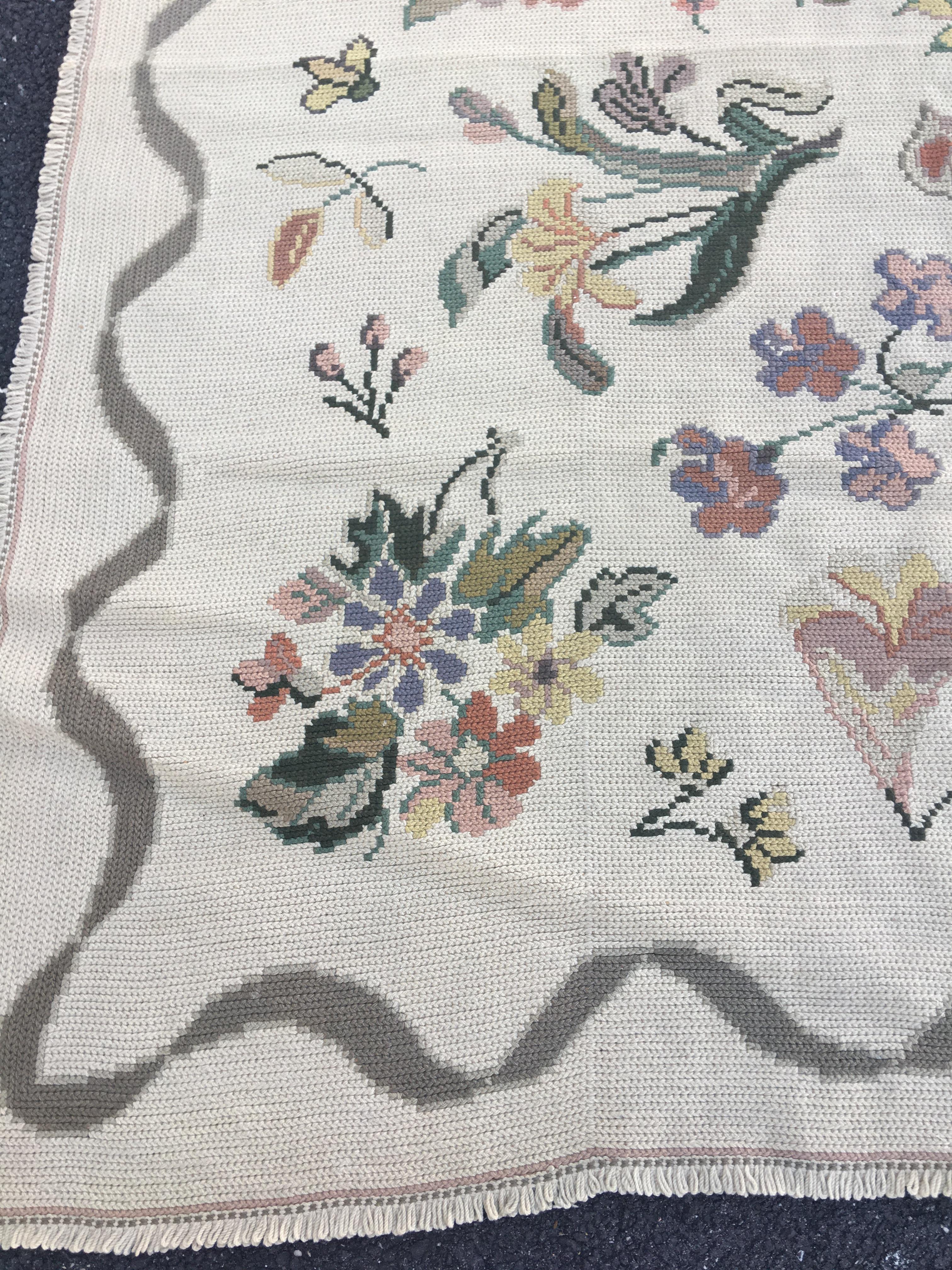 Austrian Antique Ivory Portuguese Needlepoint Rug with Flowers, circa 1930-1940s For Sale