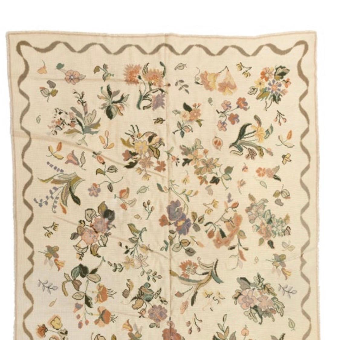 Mid-20th Century Antique Ivory Portuguese Needlepoint Rug with Flowers, circa 1930-1940s For Sale