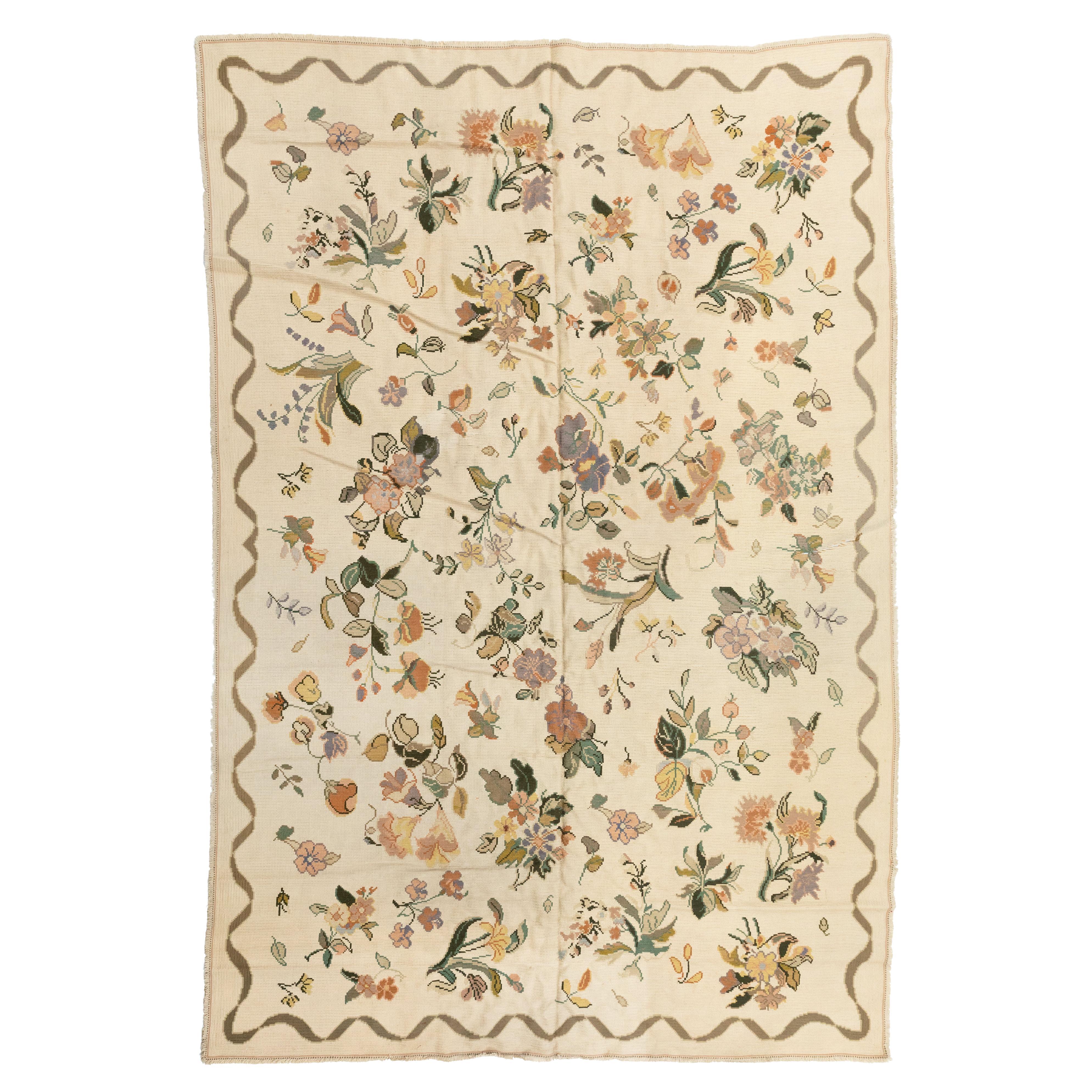 Antique Ivory Portuguese Needlepoint Rug with Flowers, circa 1930-1940s