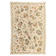 Antique Ivory Portuguese Needlepoint Rug with Flowers, circa 1930-1940s