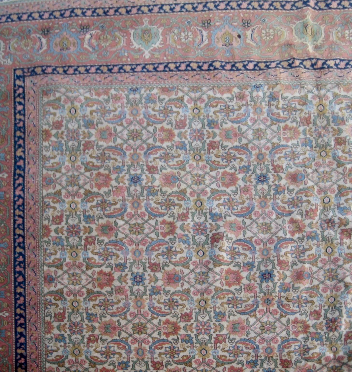 Indian Antique Ivory Rose Navy Blue Pink Large Agra Rug For Sale