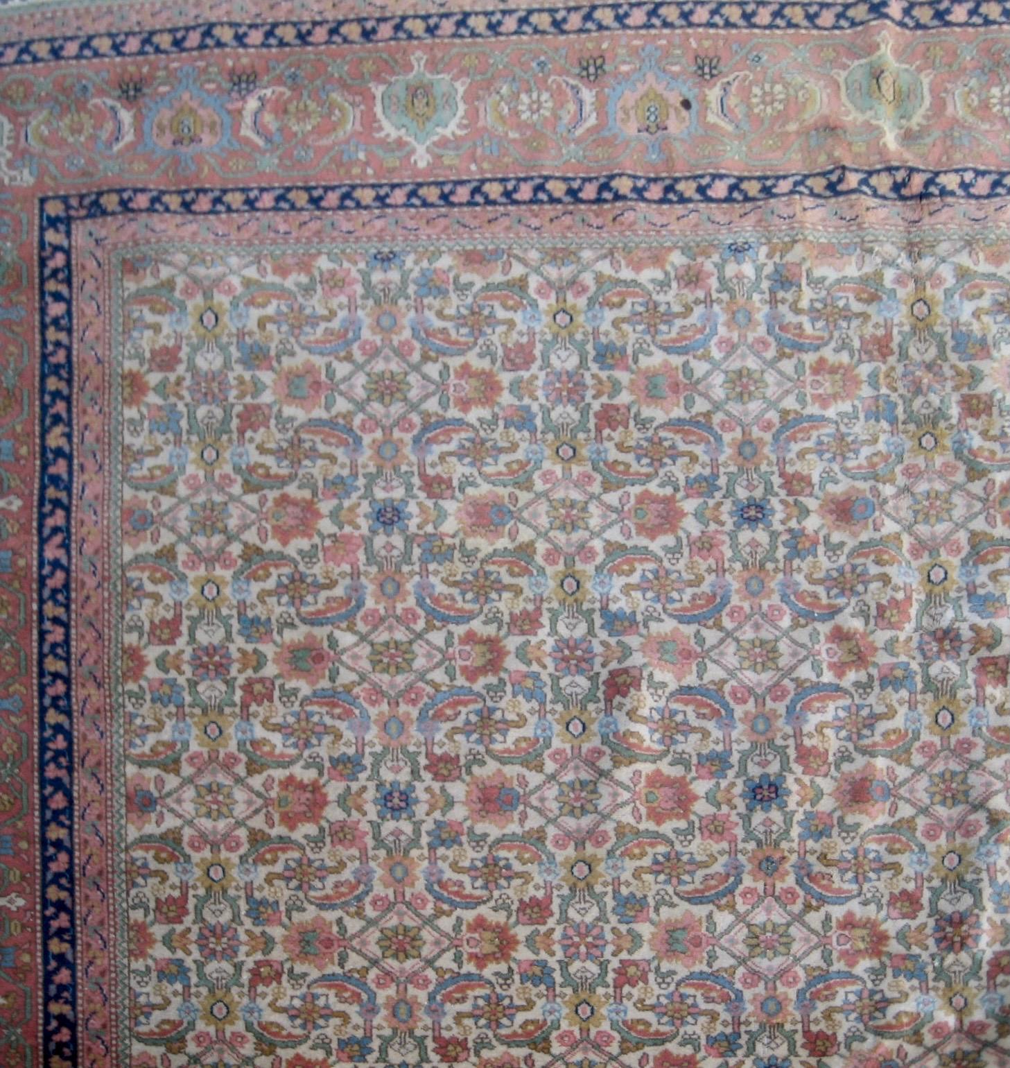 Indian Antique Ivory Rose Navy Blue Pink Large Agra Rug For Sale