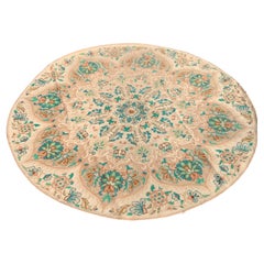 Antique Ivory Round Circular Portuguese Needlepoint Rug with Flowers c. 1880s