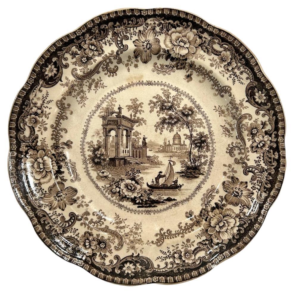 Antique J. Hall & Sons Brown Transferware Plate For Sale